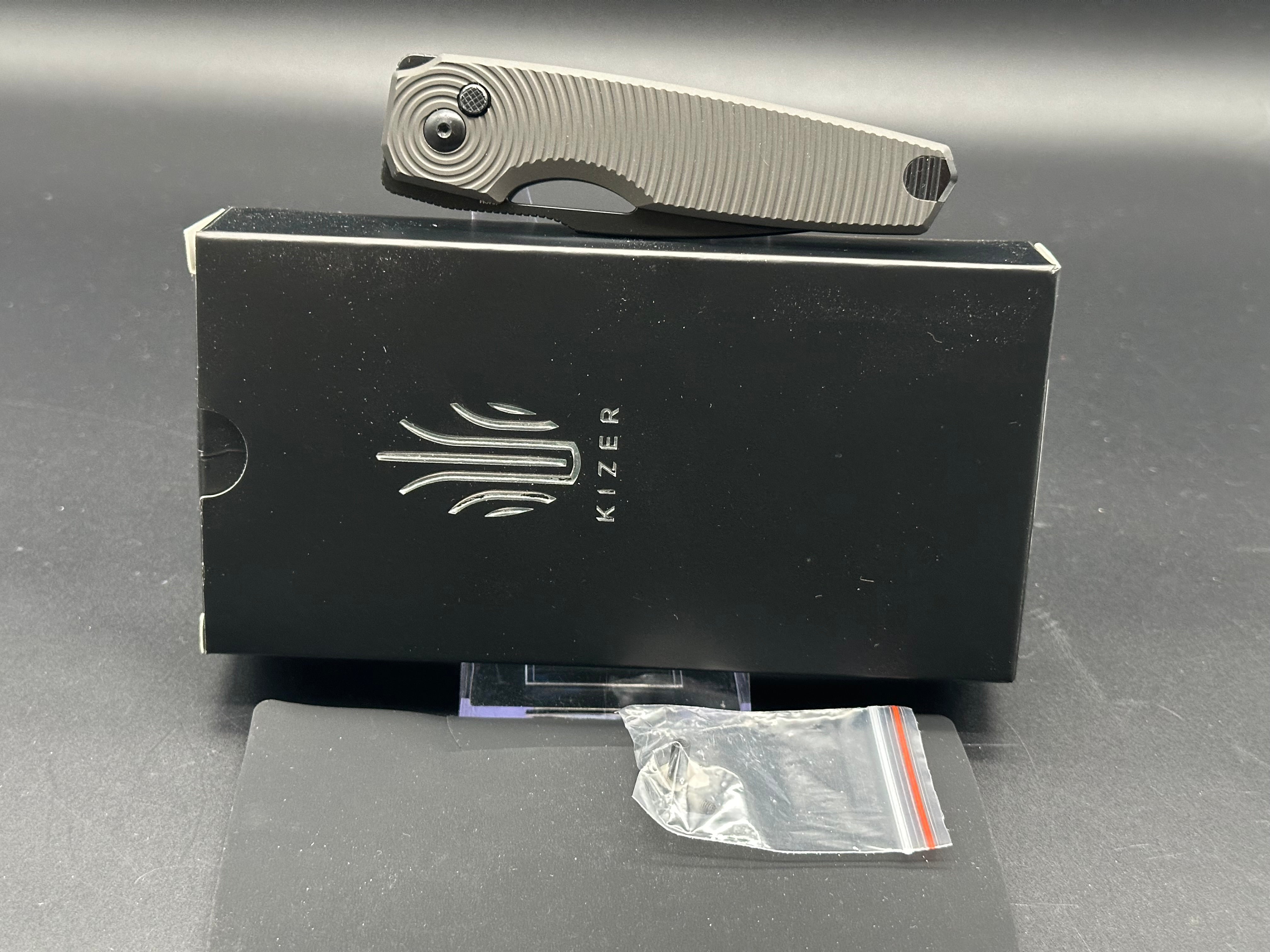 KIZER DOGFISH Button Lock Folding Knife - Black Aluminum Handle, 154CM Drop Point Plain Black Blade (V3640C1) - EDC, Outdoor Camping, Hiking & Survival Tool