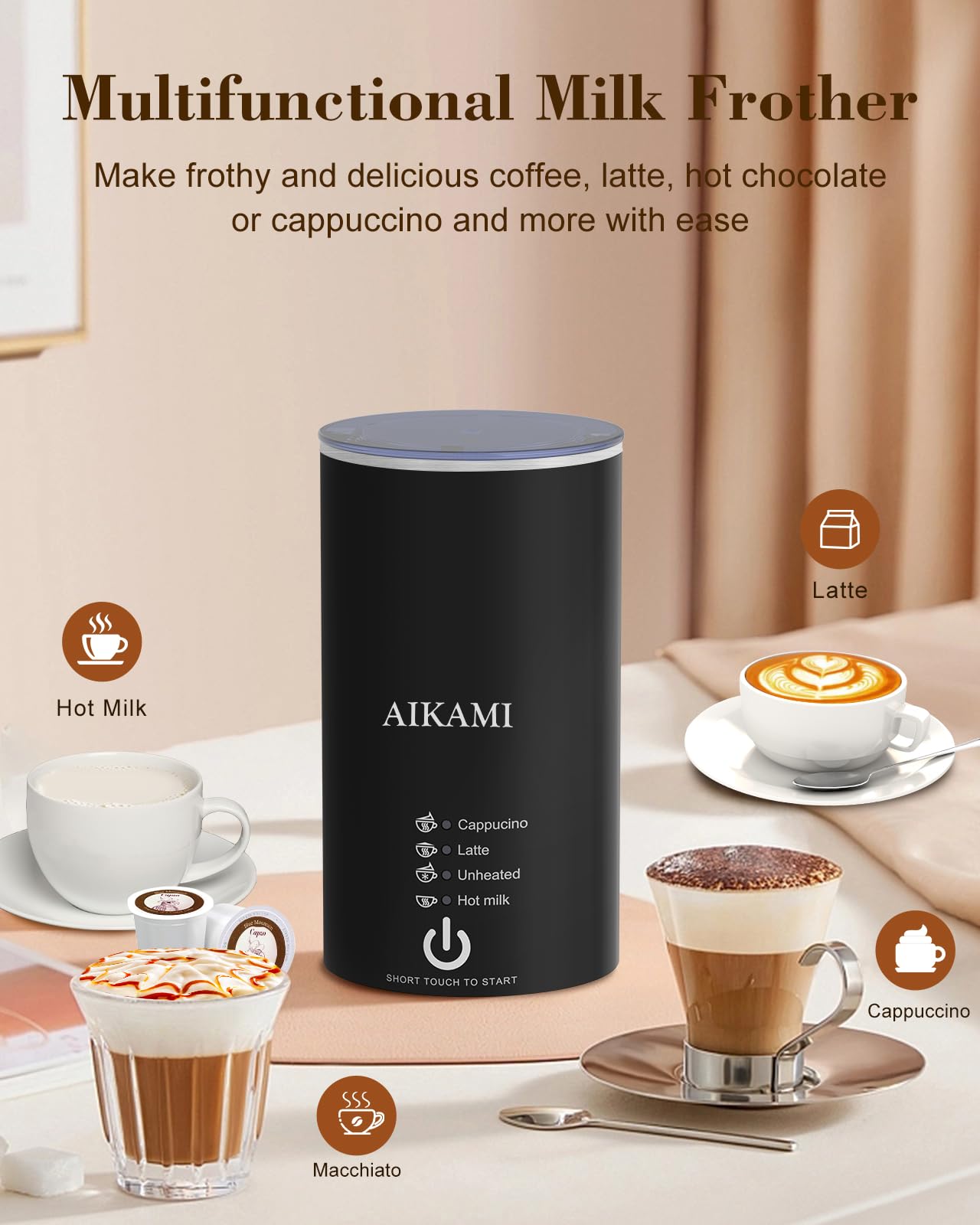 4 in 1 Single Serve Coffee Maker with Built-in Milk Frother & Grinder - Compatible with K-Cups & Ground Coffee - 30oz Removable Water Tank - 6-14oz Brew Sizes - Perfect for Home, Office & Small Kitchens - Compact Espresso Machine for Latte, Cappuccino & Americano Lovers