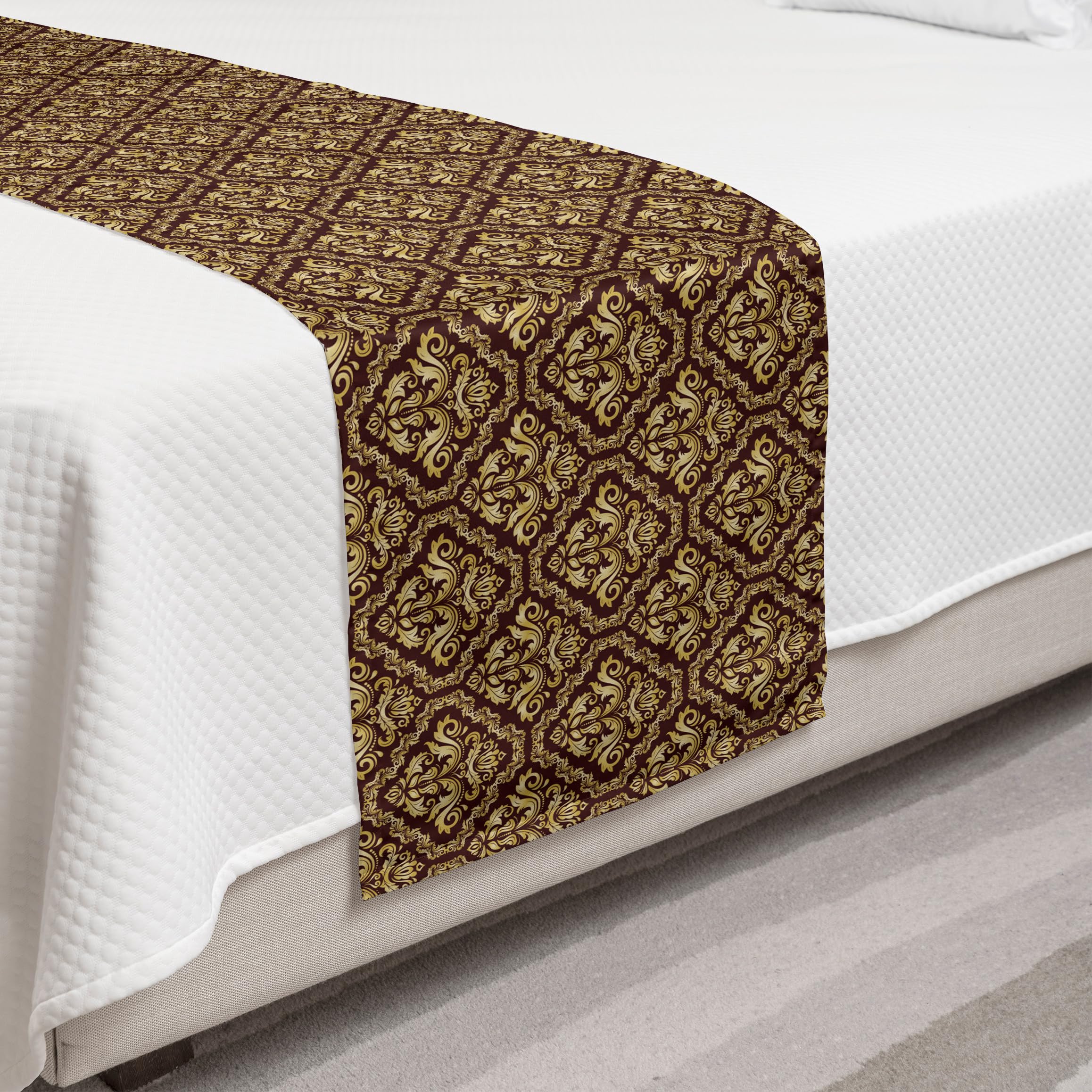 Ambesonne Yellow Damask Bed Runner - Baroque Style Floral Pattern in Symmetrical Geometric Frames, Decorative Accent Bed Scarf for Hotels, Homes & Guestrooms (Earth Yellow/Pale Yellow) - Perfect for Master Bedrooms, Luxury Hotels & Wedding Decor