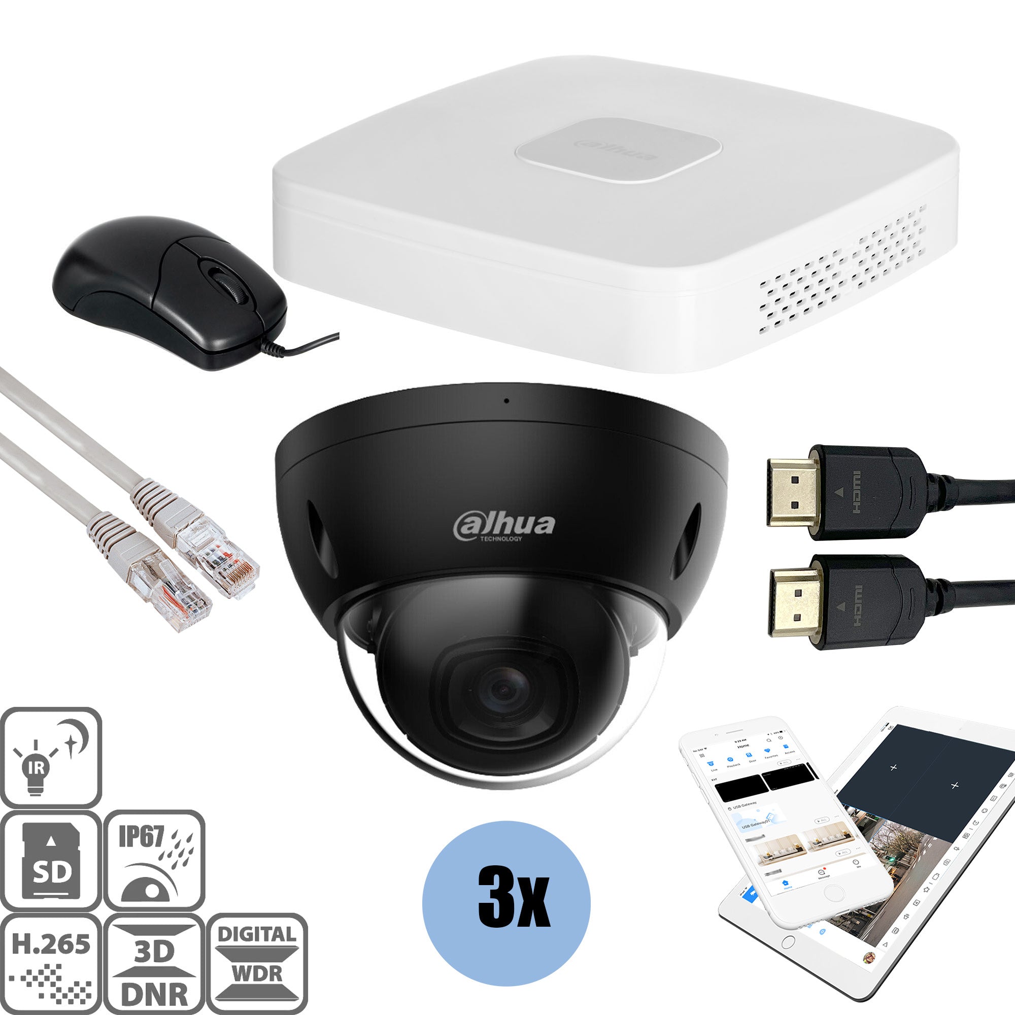 8MP Black 3-Channel Dome Security Camera Kit with DVR Recorder & Cables - Ideal for Home, Office, and Business Surveillance