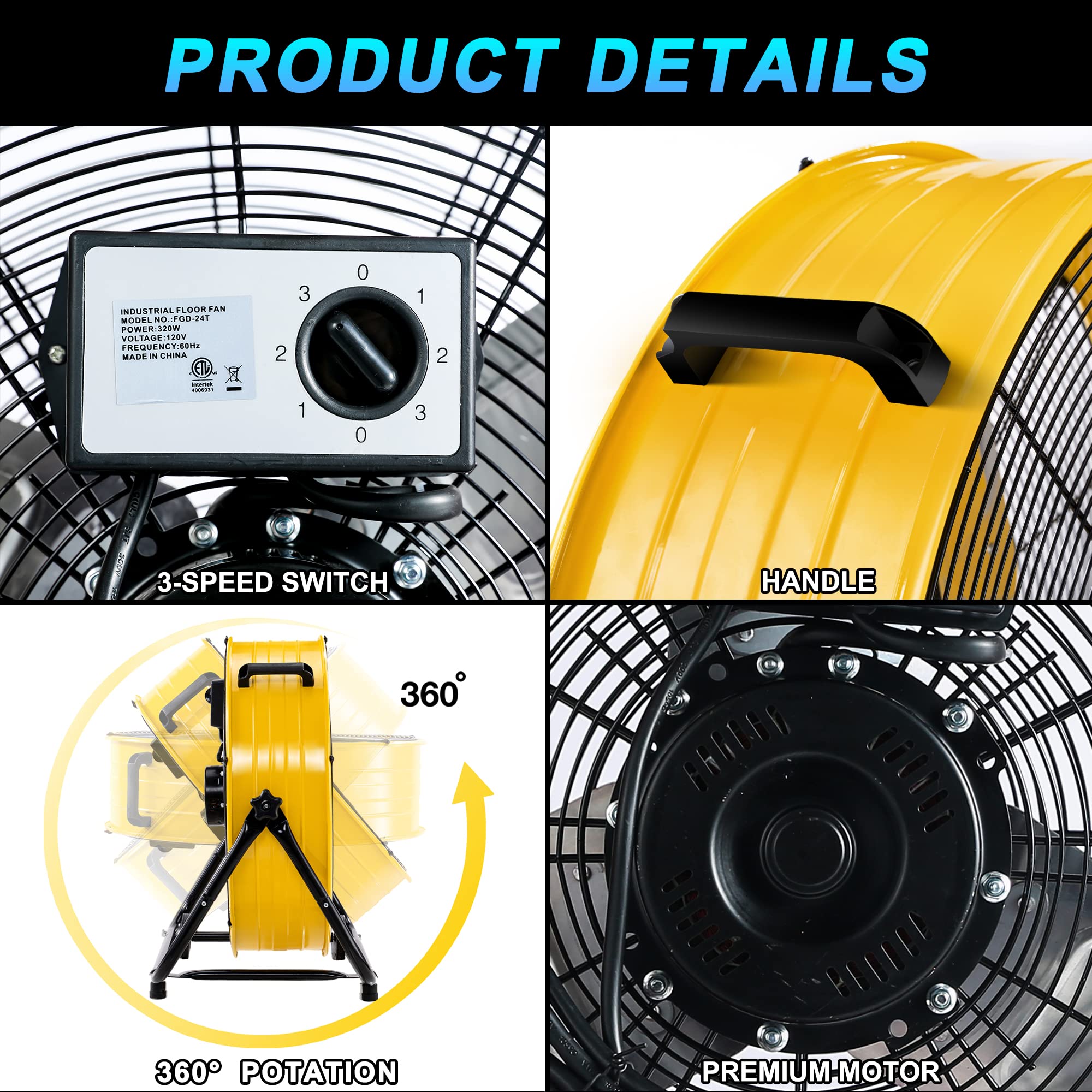 24 Inch Heavy Duty Industrial Drum Fan - 8800 CFM High Velocity Air Circulation with 3 Speed Settings | Commercial & Residential Use for Warehouse, Workshop, Factory, Greenhouse & Home Cooling