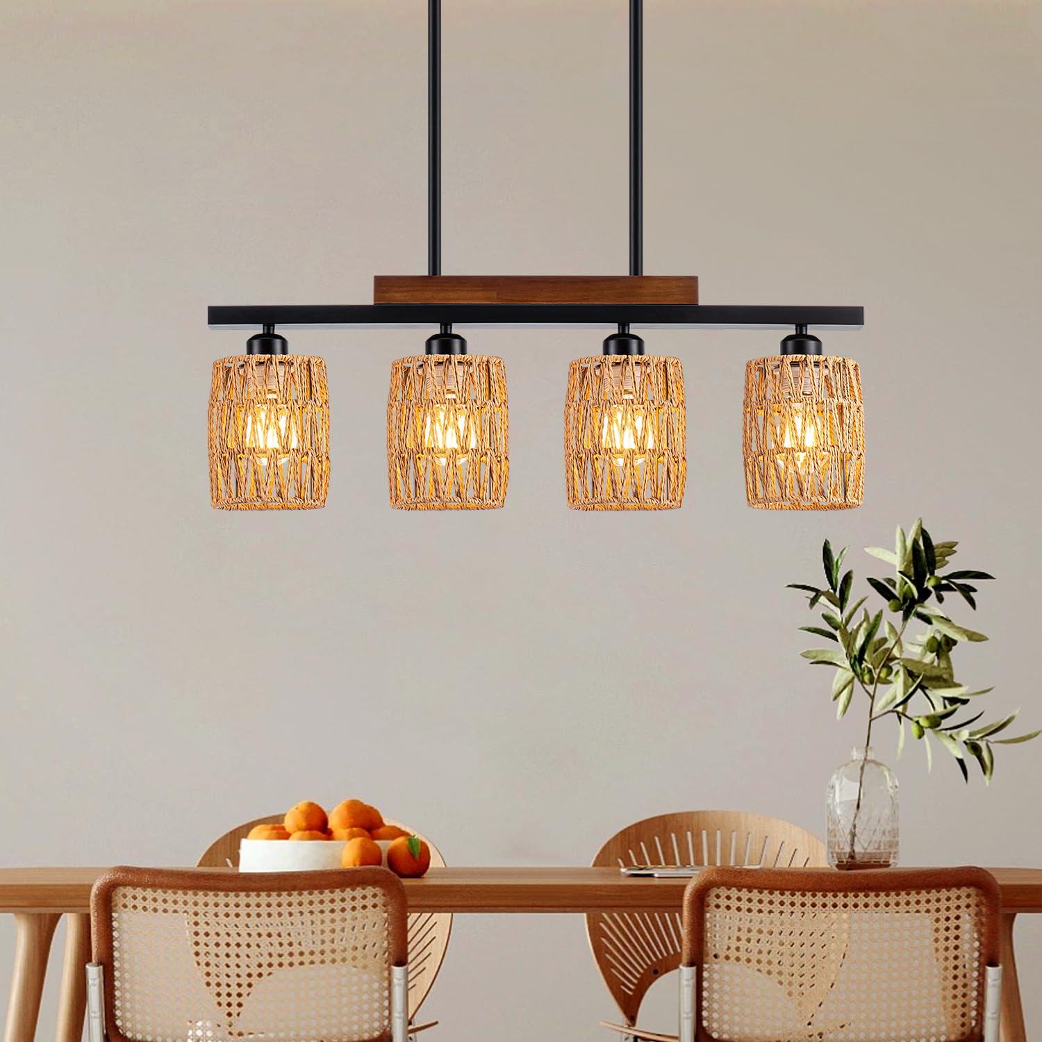 Rattan Farmhouse Chandelier - 4-Light Boho Dining Room Pendant Light with Adjustable Height, Rustic Wood & Matte Black Linear Chandelier for Kitchen Island, Dining Table | Perfect for Farmhouse Decor, Open Concept Kitchens & Cozy Breakfast Nooks