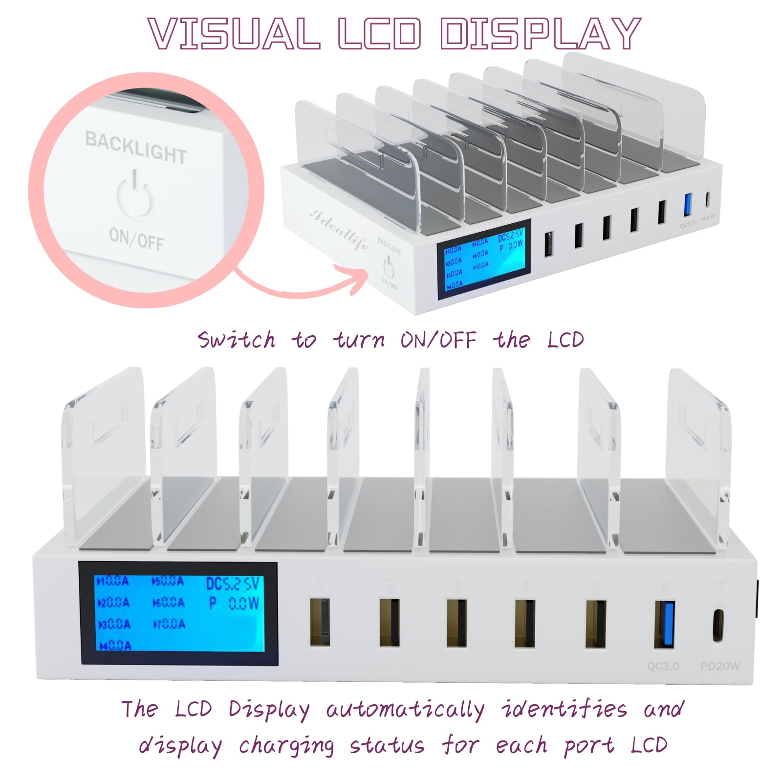 70W 7-Port USB Charging Station with PD & QC3.0 - Desktop Docking Organizer for Phones & Tablets | Includes 7 Short Mixed Cables | Perfect for Home, Office & Travel Charging Needs