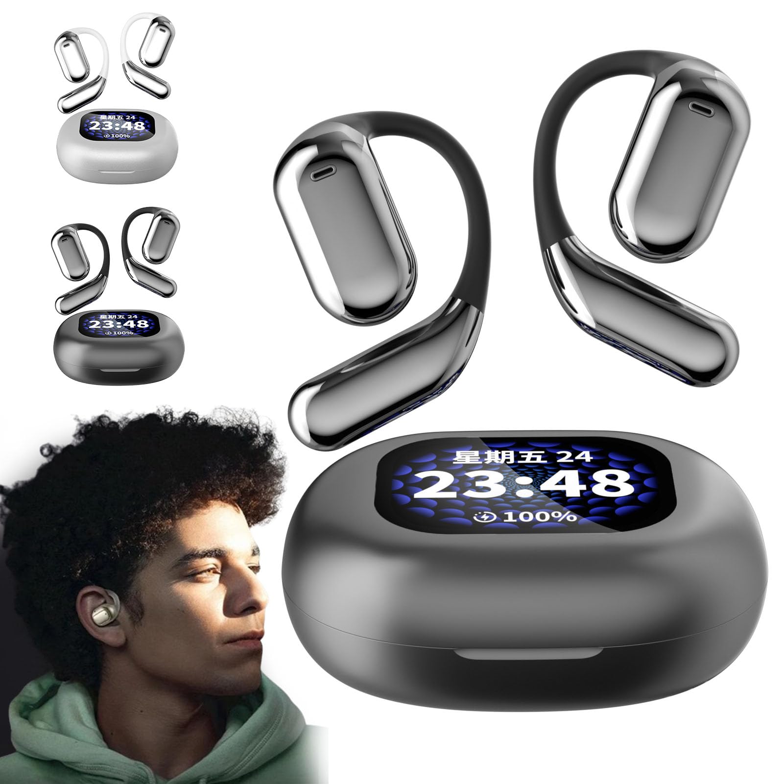 Secretous Open Ear Bluetooth Earbuds with LED Display - IPX5 Waterproof, Bluetooth 5.4 Wireless Headphones for Running, Cycling & Outdoor Sports (Black)