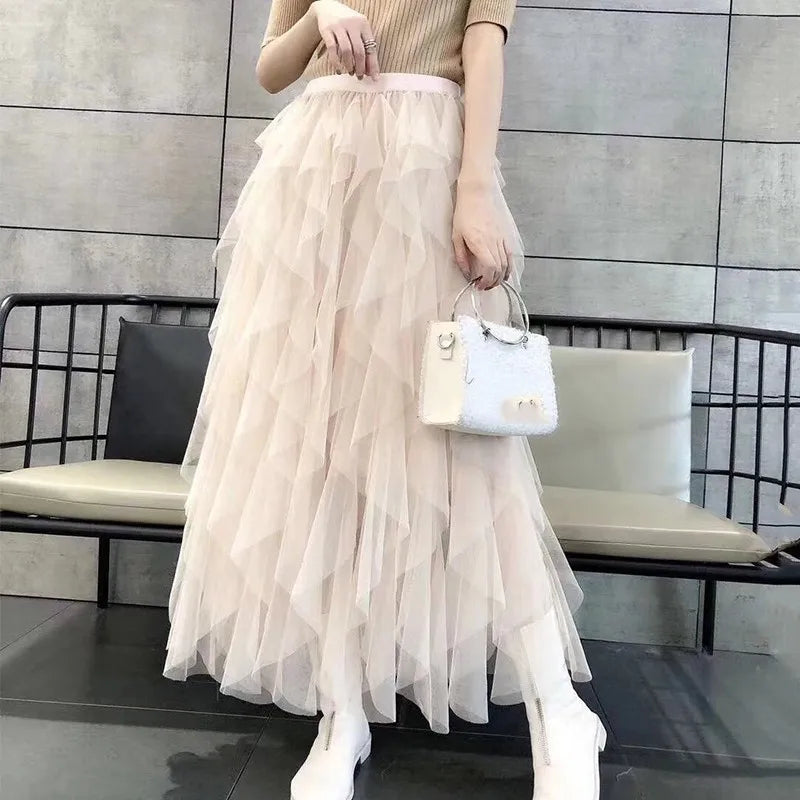 Women's Asymmetrical Mesh Skirt - High Waist Ankle Length Korean Fashion Skirt for Elegant Outfits | Perfect for Casual Wear, Office Attire & Special Occasions
