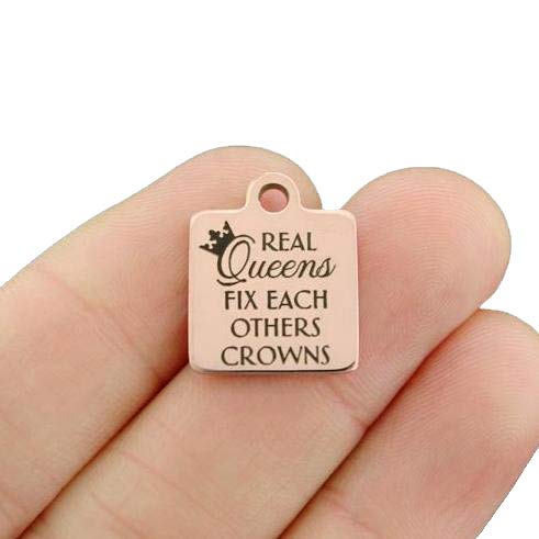vPositivity Rose Gold Stainless Steel Friendship Charm - 'Real Queens Fix Each Other's Crowns' Inspirational Jewelry - Bulk 10 Pack (BFS4367ROGOLD) - Perfect for Best Friend Gifts, Bridesmaid Favors & Women's Empowerment Events
