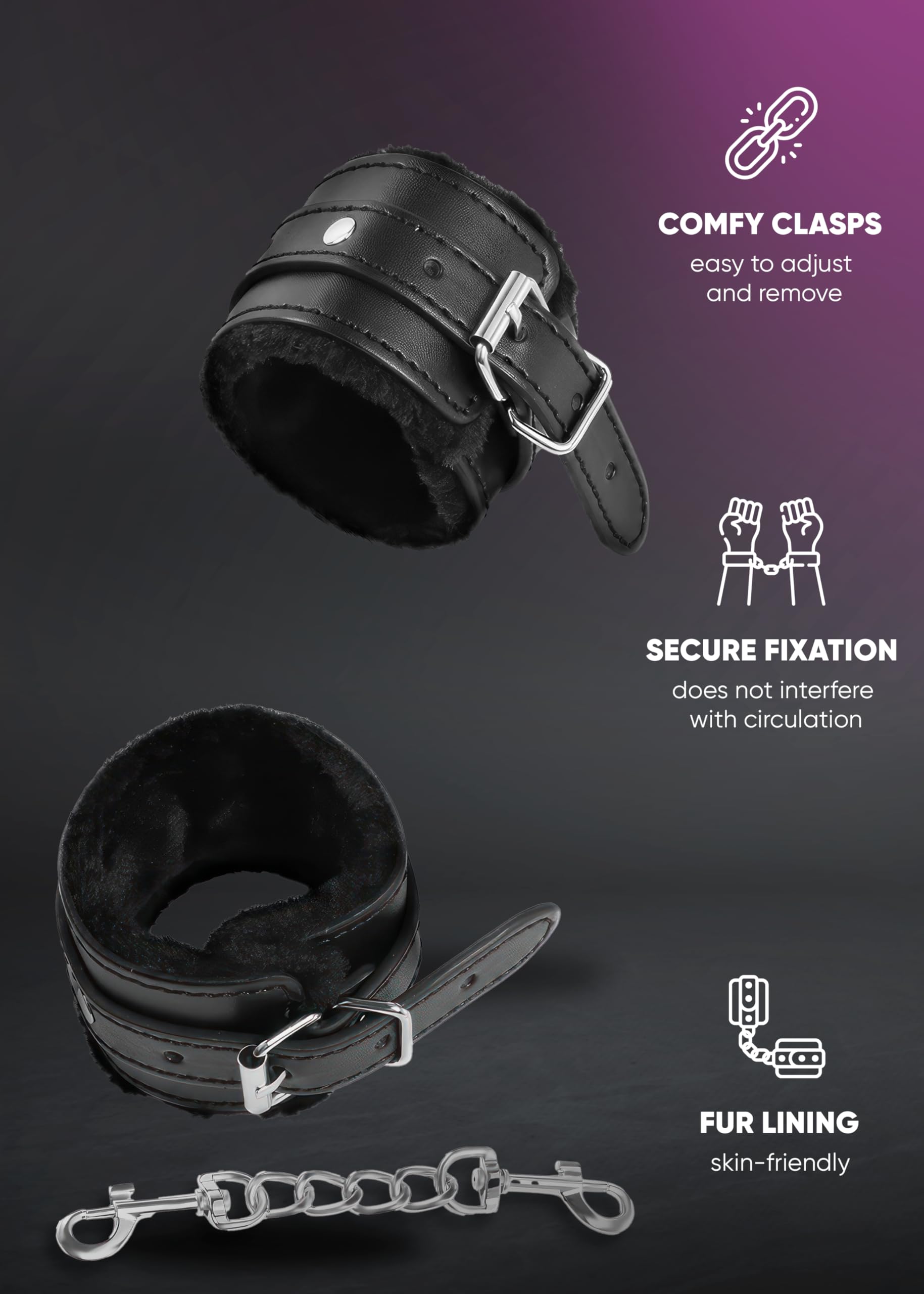 Soft Fluffy Handcuffs with Connect Chain - Adjustable Strap Lock BDSM Restraints for Couples (Black) - Perfect for Role Play, Spicing Up Bedroom & Romantic Gift Ideas