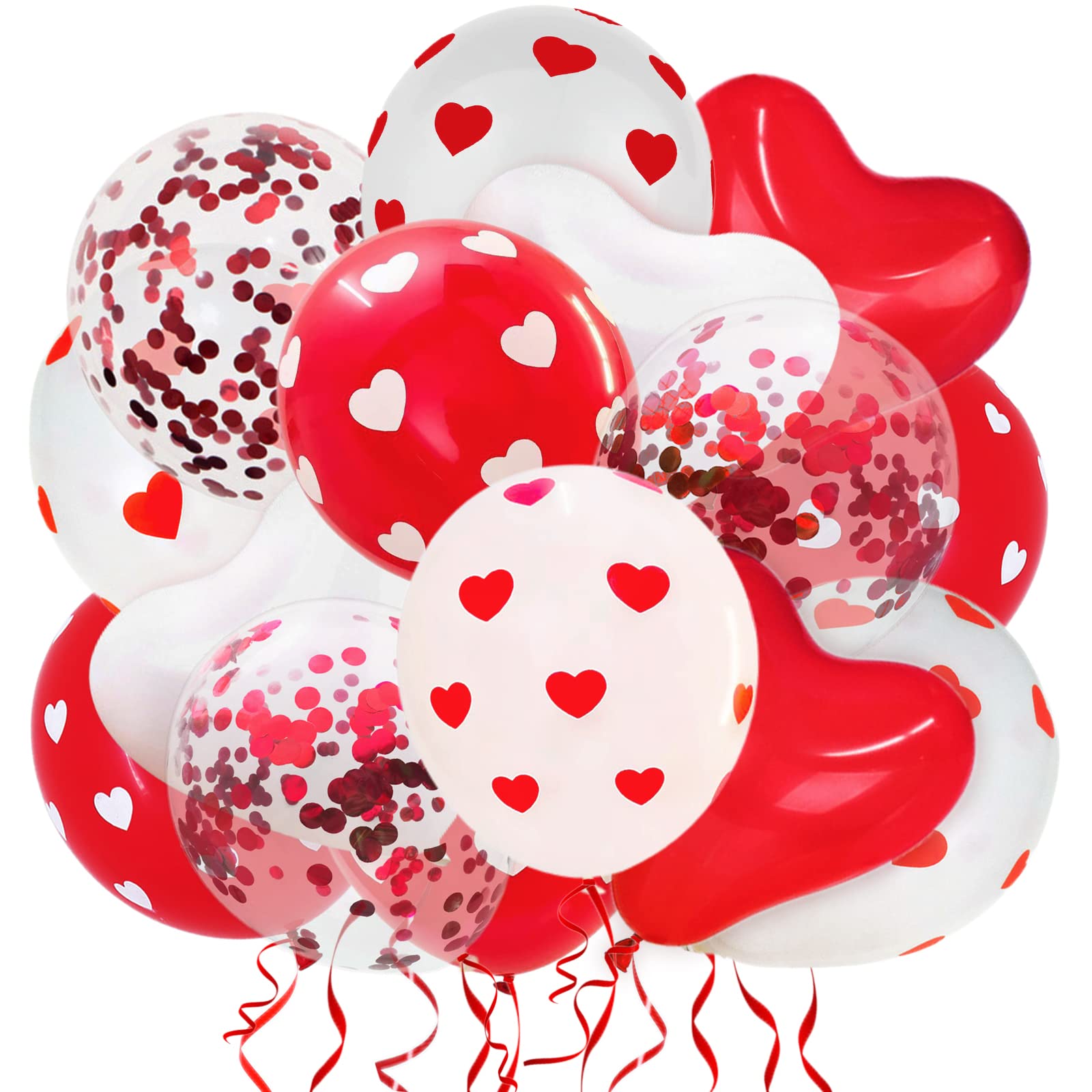75 PCS Valentine's Day Heart Balloons Decorations Kit - 12 Inch Red & White Confetti Latex Balloons for Romantic Party Decor, Anniversary, Wedding, Birthday & Special Night Celebrations
