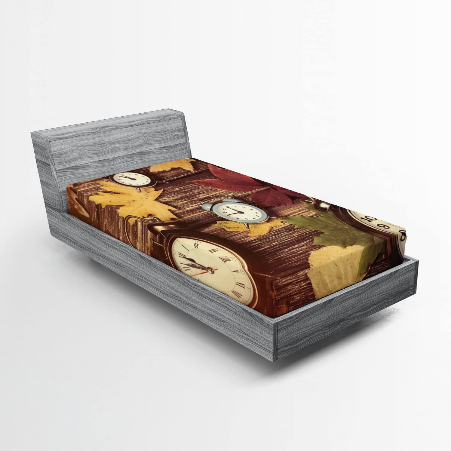 Ambesonne Fall Fitted Sheet - Vibrant Dry Maple Leaves & Vintage Alarm Clocks Print on Wooden Planks - Deep Pocket Elastic Twin Size Bed Cover - Perfect for Autumn Bedroom Decor & Seasonal Home Styling