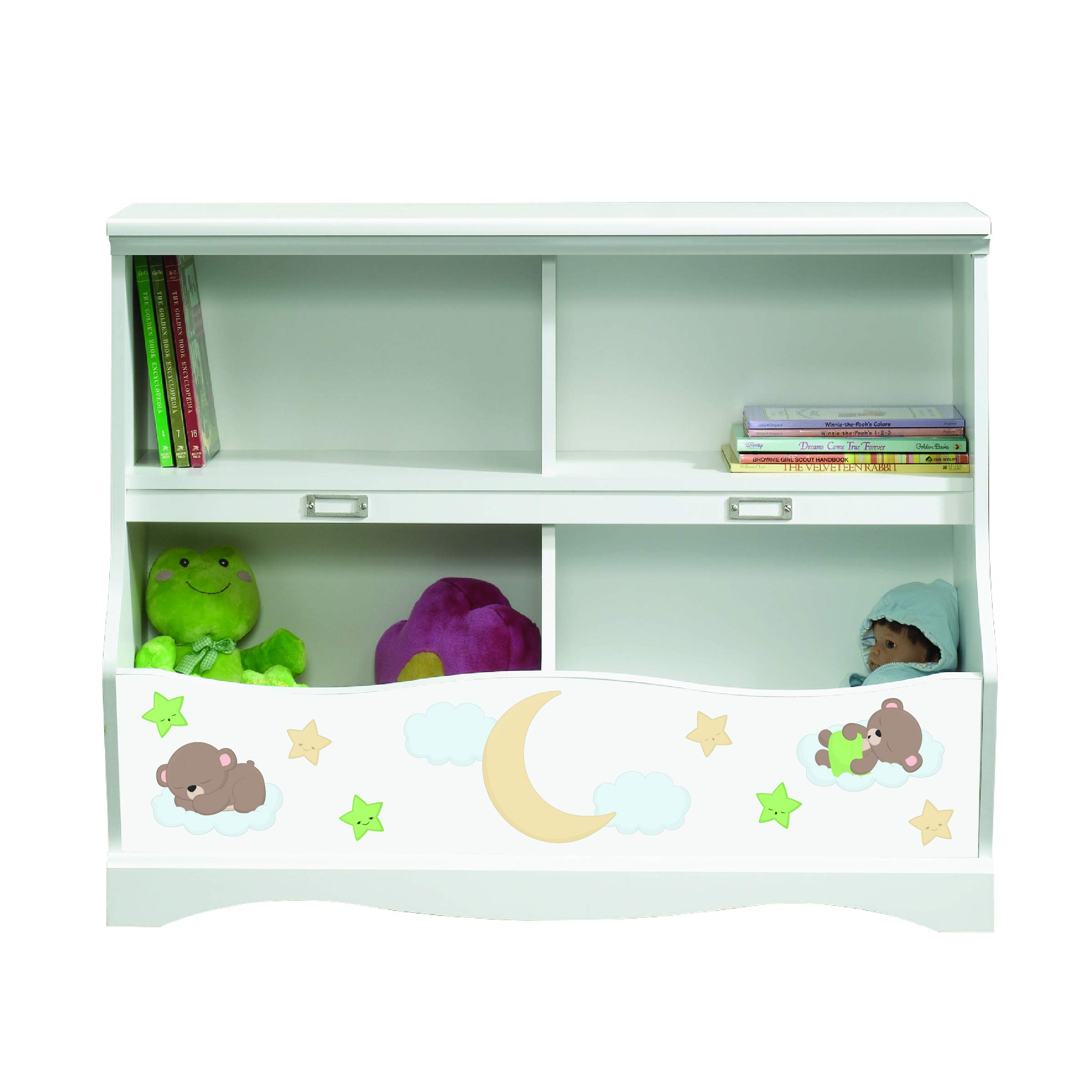 LifeSong Milestones Bookcase Footboard with Cubbyhole - Kids Book Storage Organizer, Toy Shelf for Nursery, Playroom & Bedroom - Soft White Finish Teddy Bear Design (Green) - Perfect for Organizing Children's Books, Toys & Decor in Small Spaces