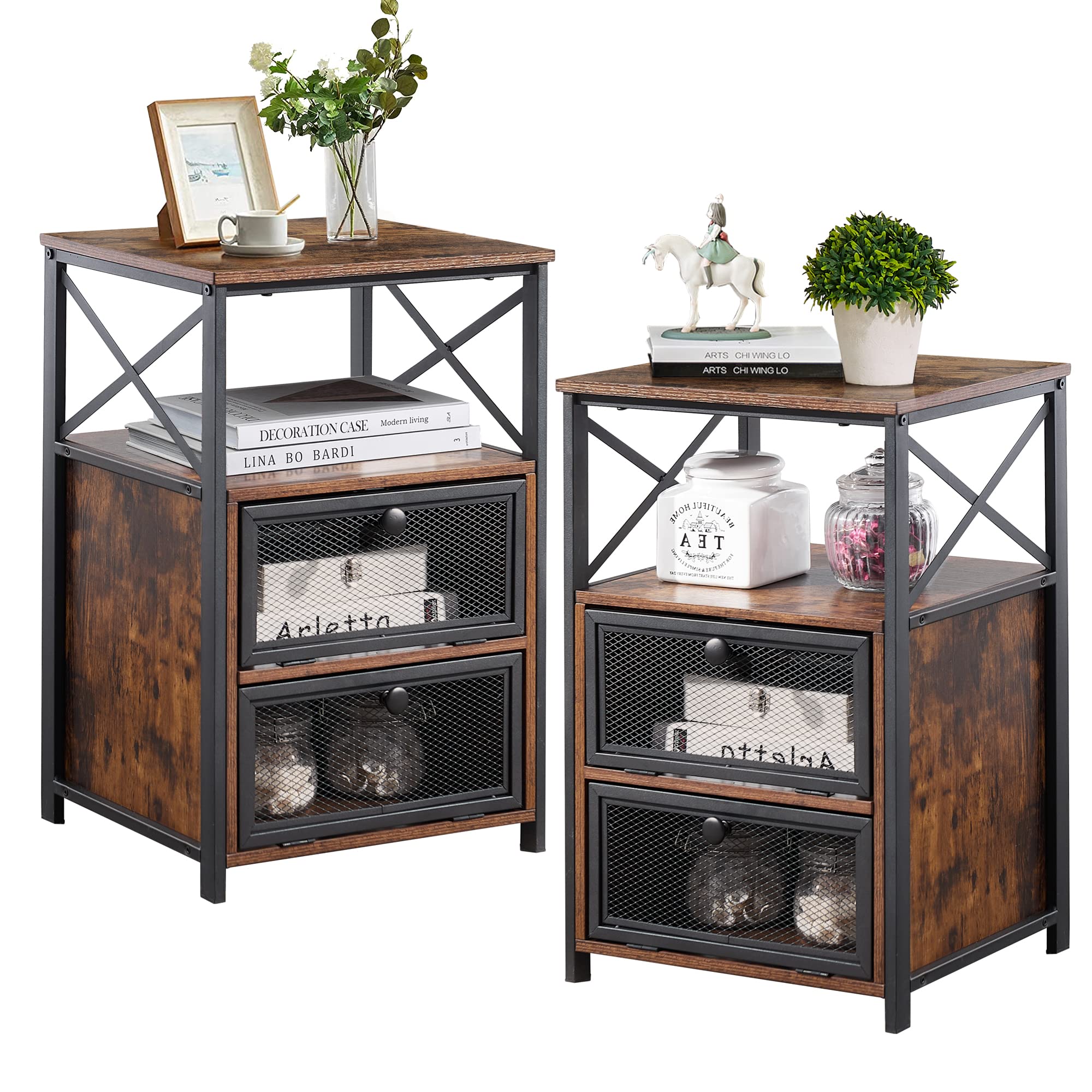 VECELO 2-Piece Nightstand Set with Flip Drawer & Modern X-Design - Bedside End Tables for Bedroom, Living Room & Office - Easy Assembly Retro Brown Night Stands - Perfect for Small Spaces & Apartment Decor