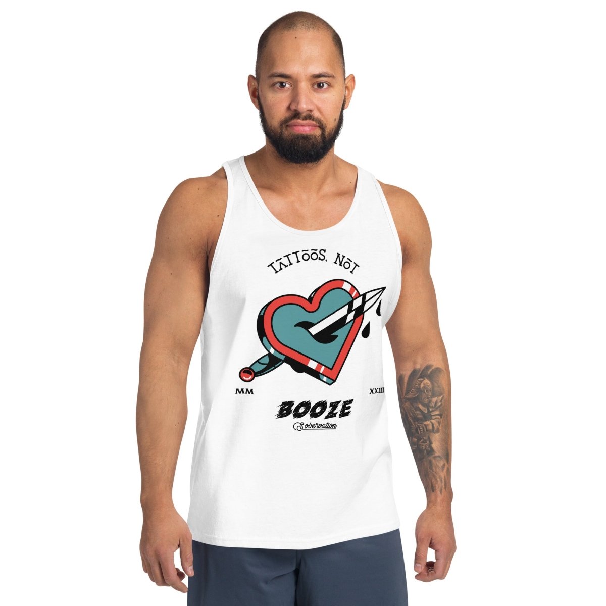 Men's Graphic Tank Top with 'Tattoos Not Booze' Print - Cool Casual Muscle Tee for Summer, Gym, and Streetwear Fashion