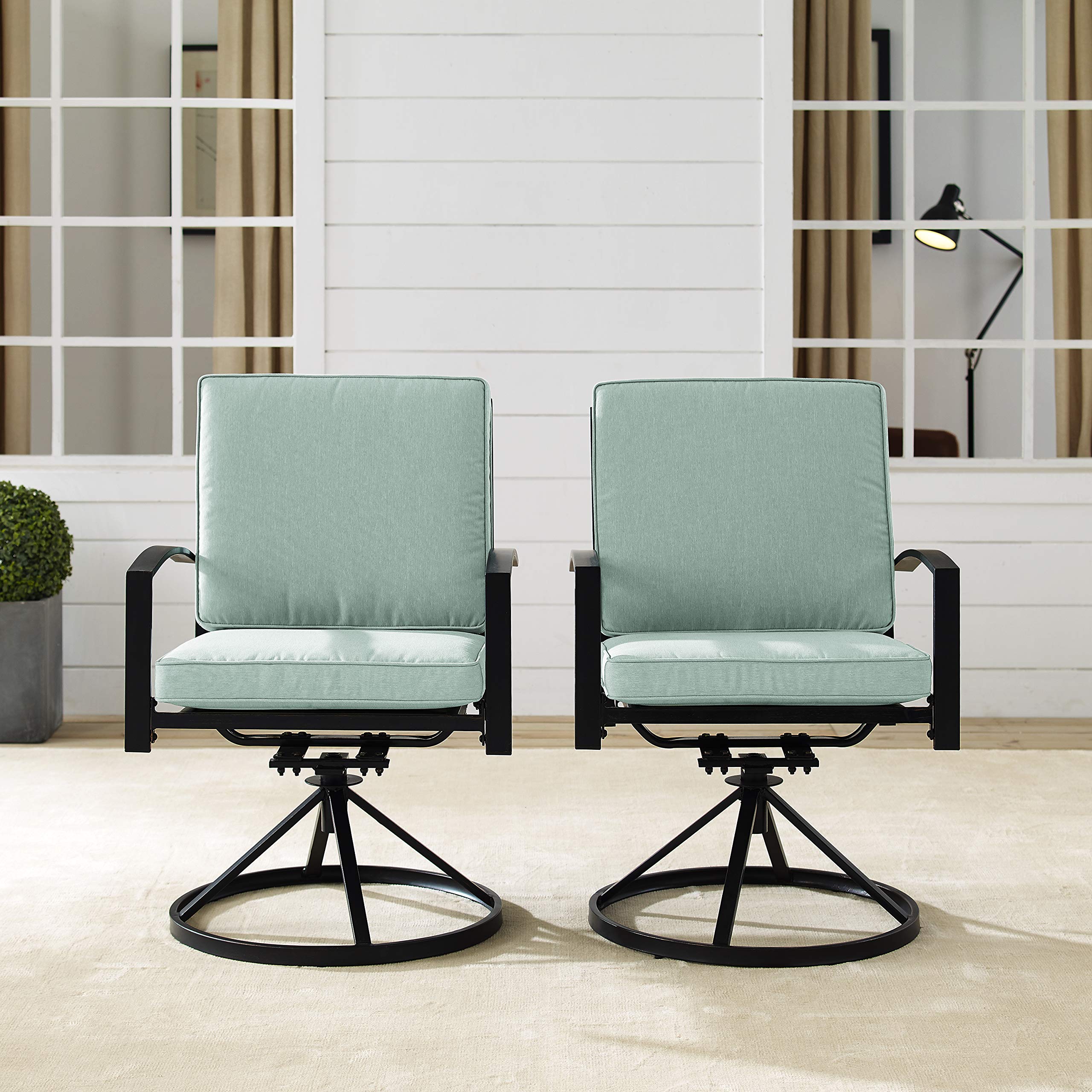 Crosley Furniture Kaplan 2-Piece Swivel Outdoor Chair Set - Oiled Bronze Patio Dining Chairs with Mist Cushions for Deck, Backyard, Garden & Poolside Relaxation