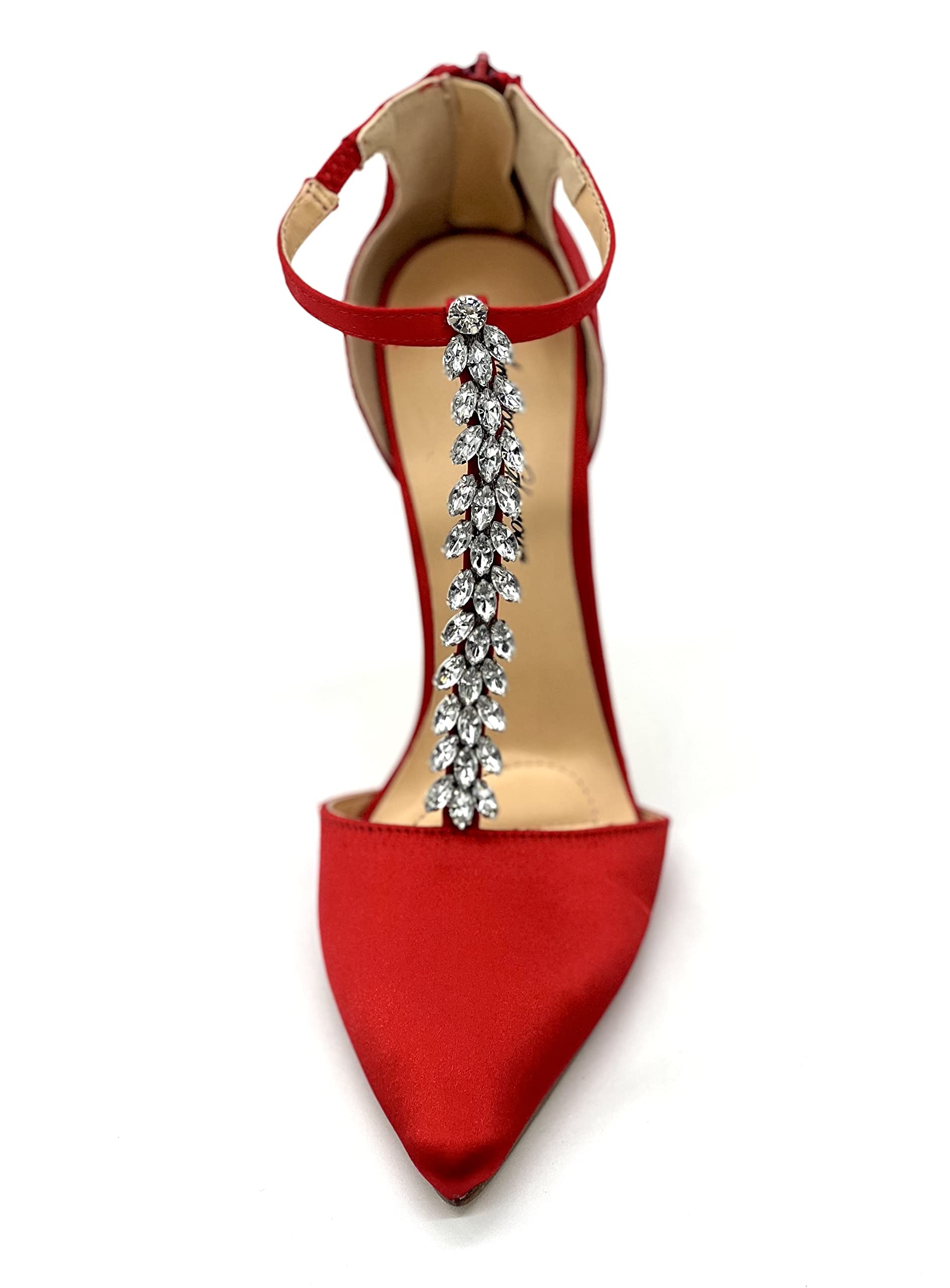 Red Embellished T-Strap Pointed Toe High Heel Pumps for Women - American Glamour Jewel Decorated Closed Toe Dress Shoes | Perfect for Parties, Weddings & Evening Events