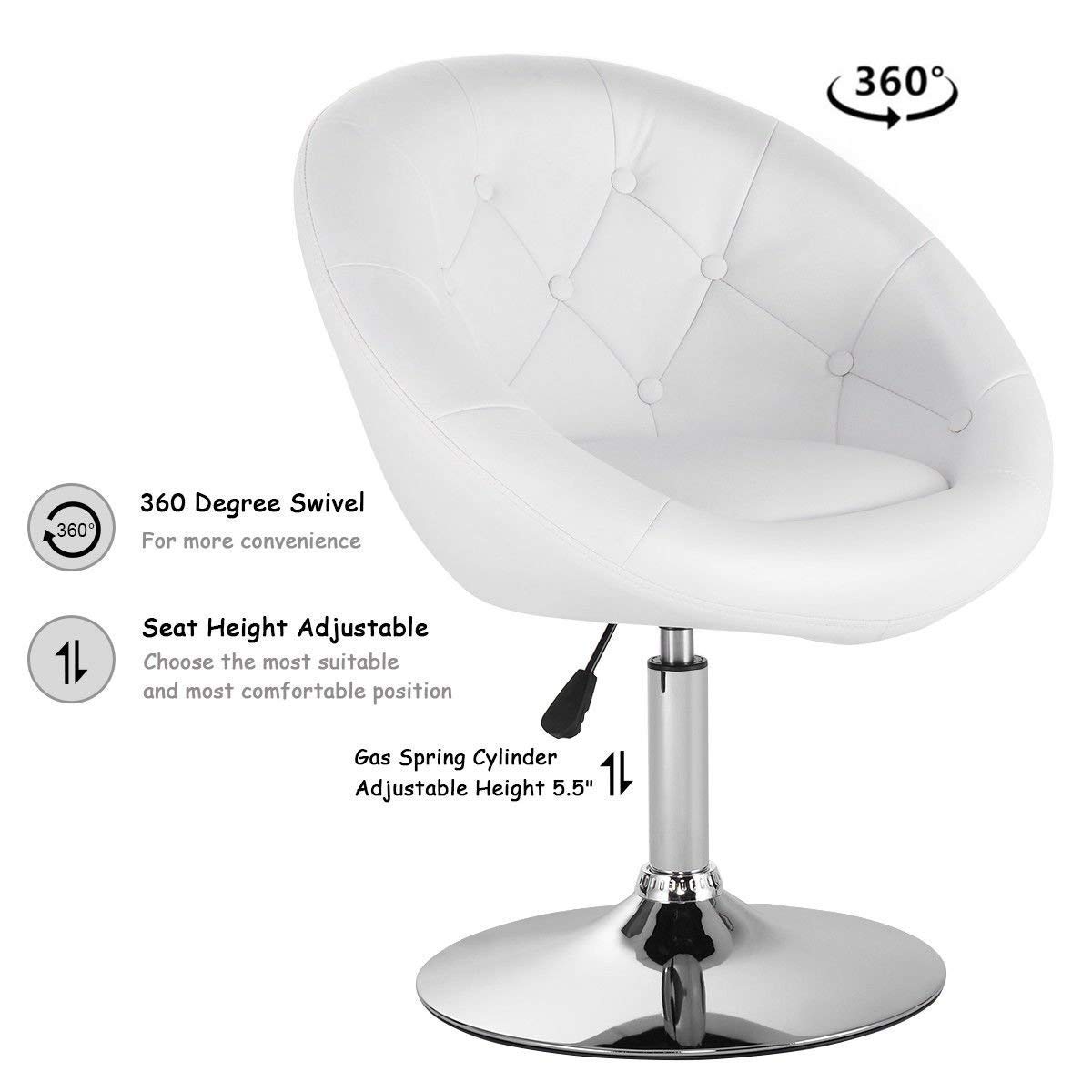 Casart Adjustable Height Swivel Bar Stool - Modern Chrome Vanity Chair with Tufted Back, Tilt & Swivel Function - Perfect for Lounge, Pub, Bar, Kitchen Island & Home Decor (White)