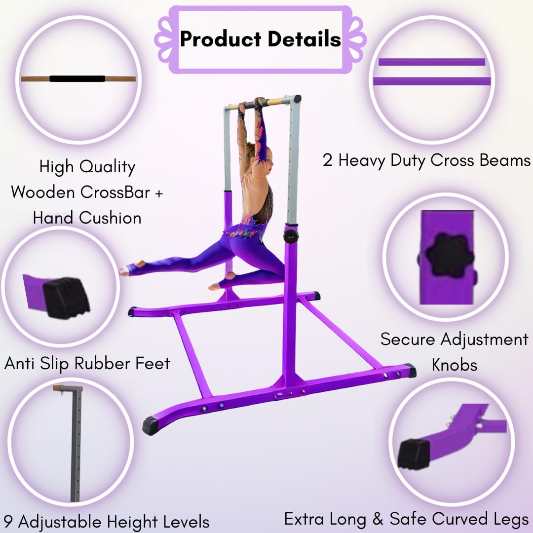 GymPros 5 FT Adjustable Gymnastics Bar for Kids - Expandable Kip Bar with 6'x4' Tumbling Mat - Professional Junior Training Equipment (3-5 FT Height) - Perfect for Home Gyms, Backyard Practice & Gymnastics Training - Purple Asymmetric Bar Set