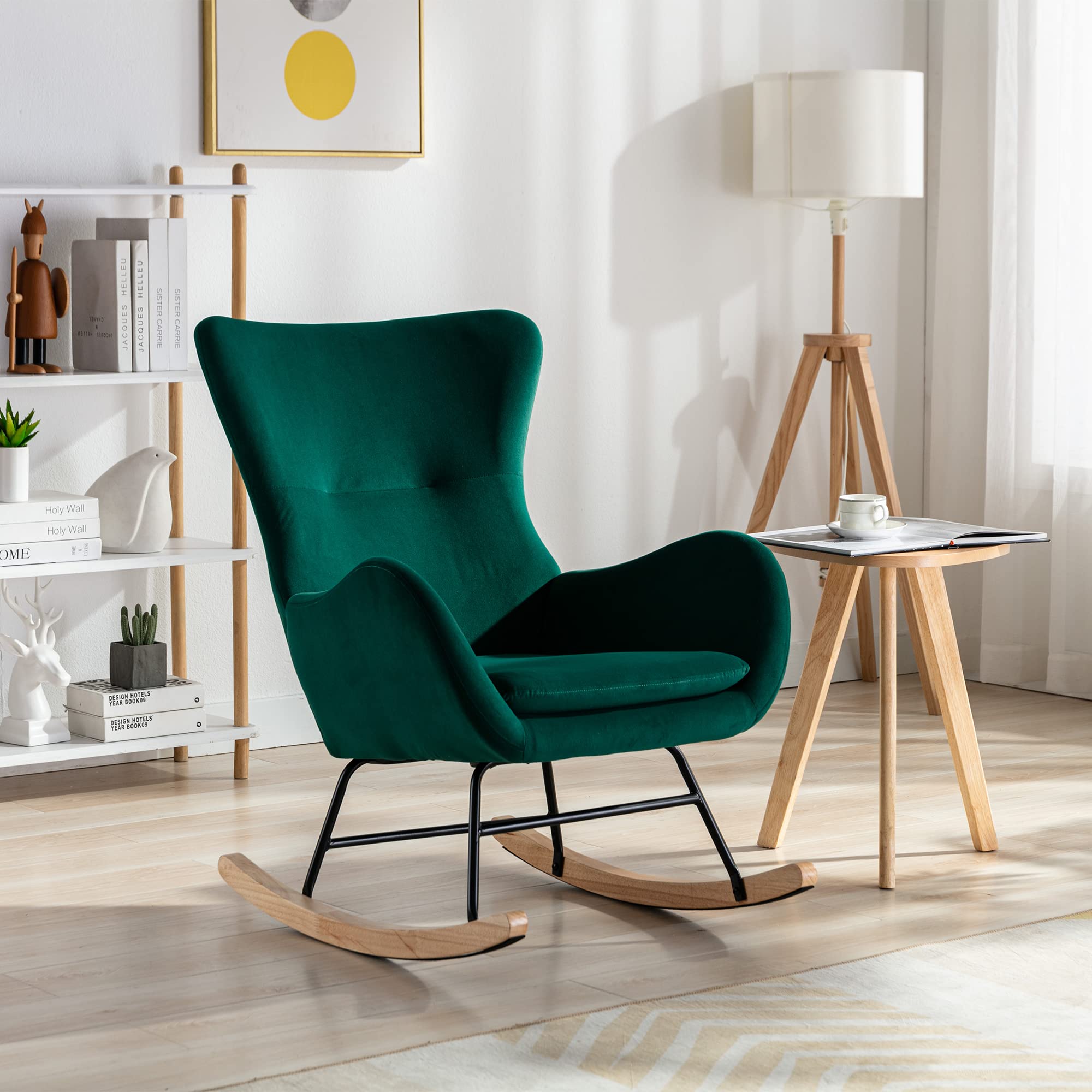 Comfy Upholstered Rocking Glider Chair - Nursery, Living Room, Bedroom & Balcony Reading Armchair (Green) - Perfect for Nursing, Relaxing & Decor