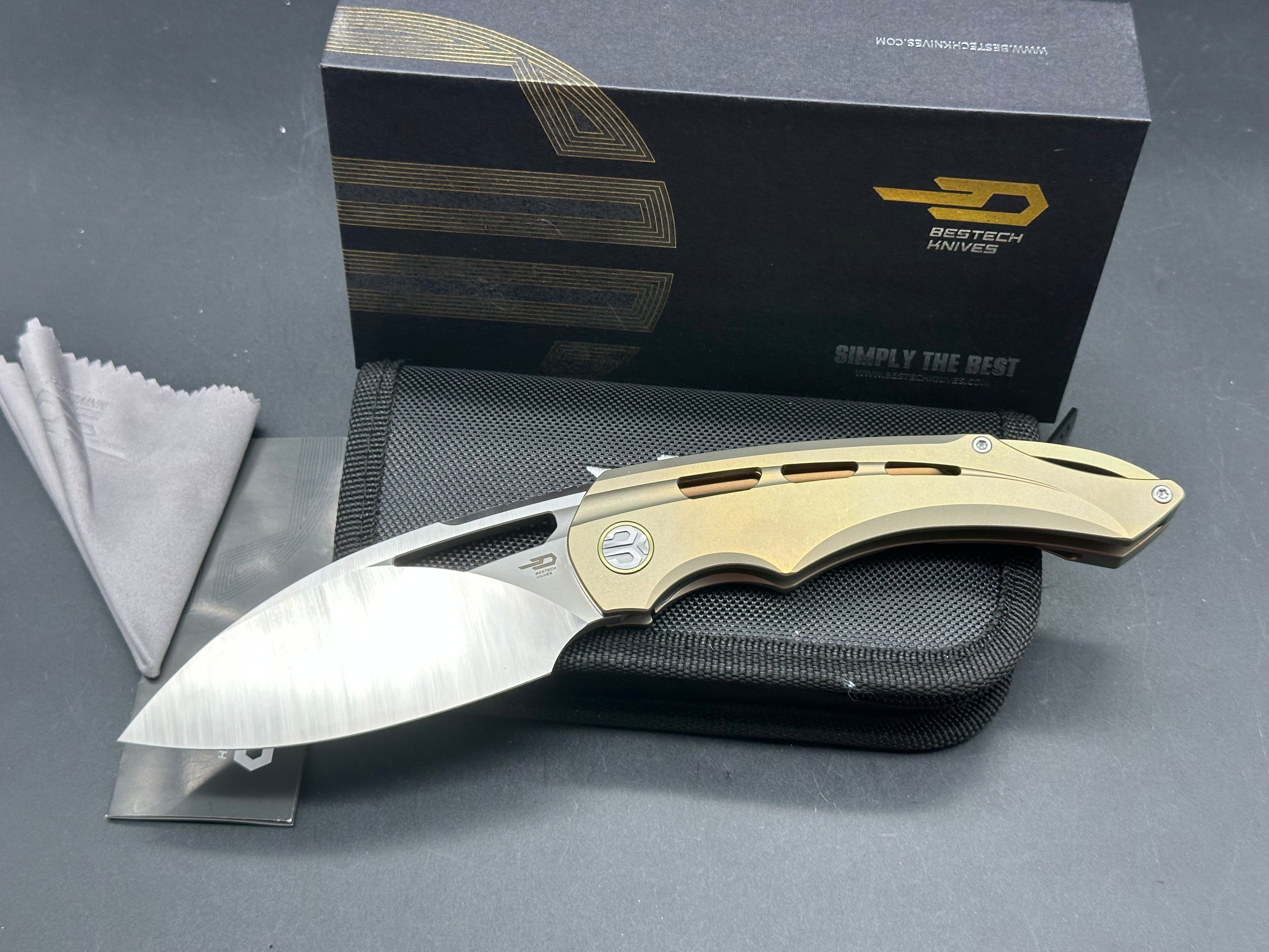 BESTECH Fairchild Folding Knife - Gold Titanium Handle, S35VN Steel Plain Edge, Satin Finish - EDC, Camping, Outdoor Survival & Everyday Carry Knife