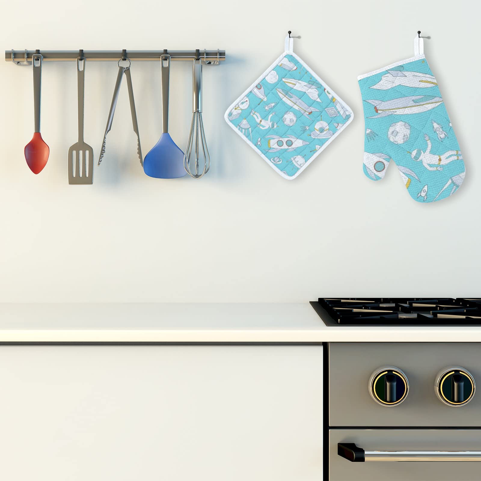 2-Piece Cartoon Space Oven Mitts & Pot Holders Set - Heat Resistant Kitchen Gloves with Soft Cotton Lining & Non-Slip Surface - Perfect for Baking, Grilling, BBQ & Cooking (Blue Hand-Drawn Pattern)