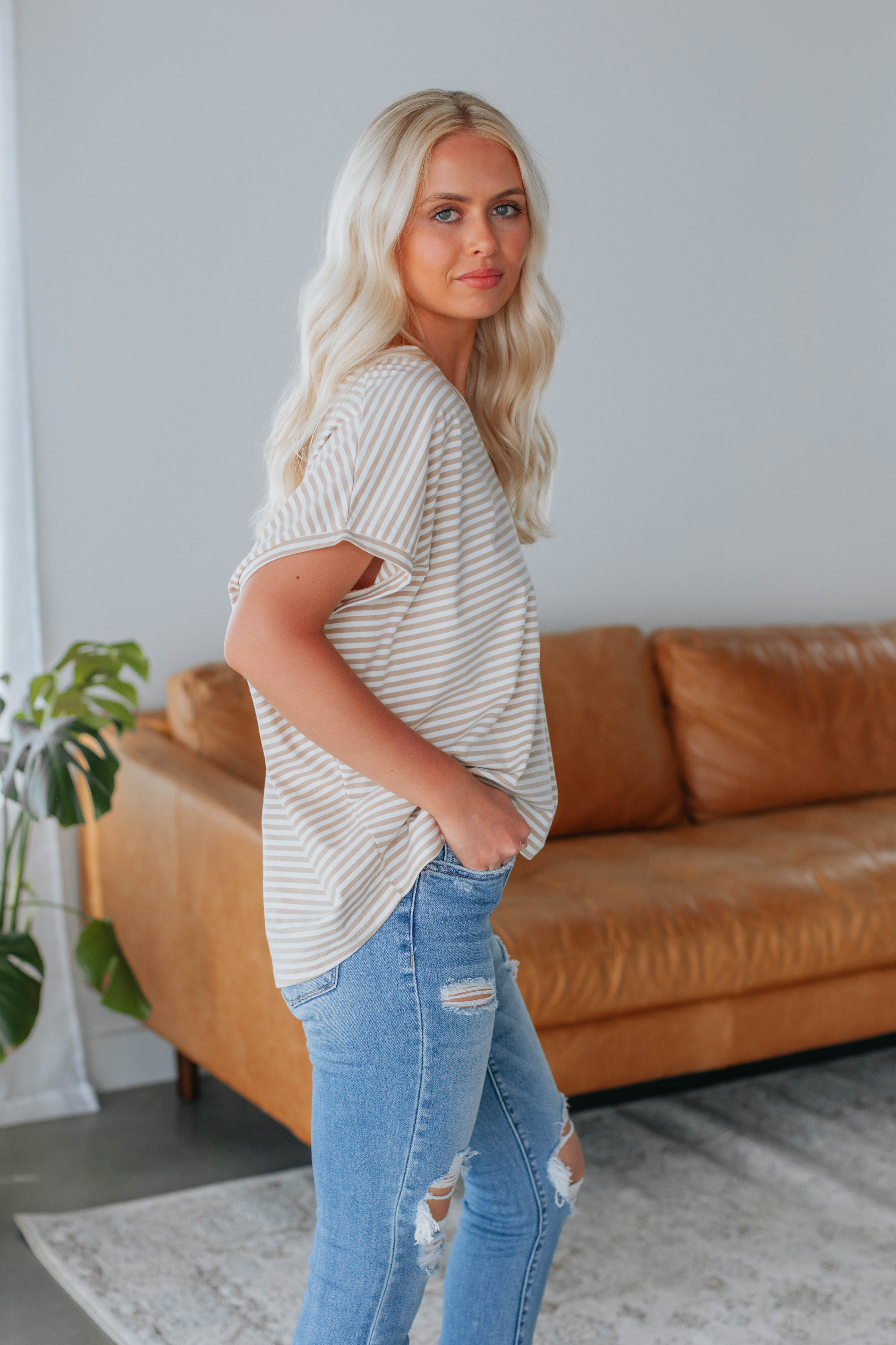 Calvin Striped Women's Top in Taupe - Casual Chic Shirt for Everyday Wear & Layering