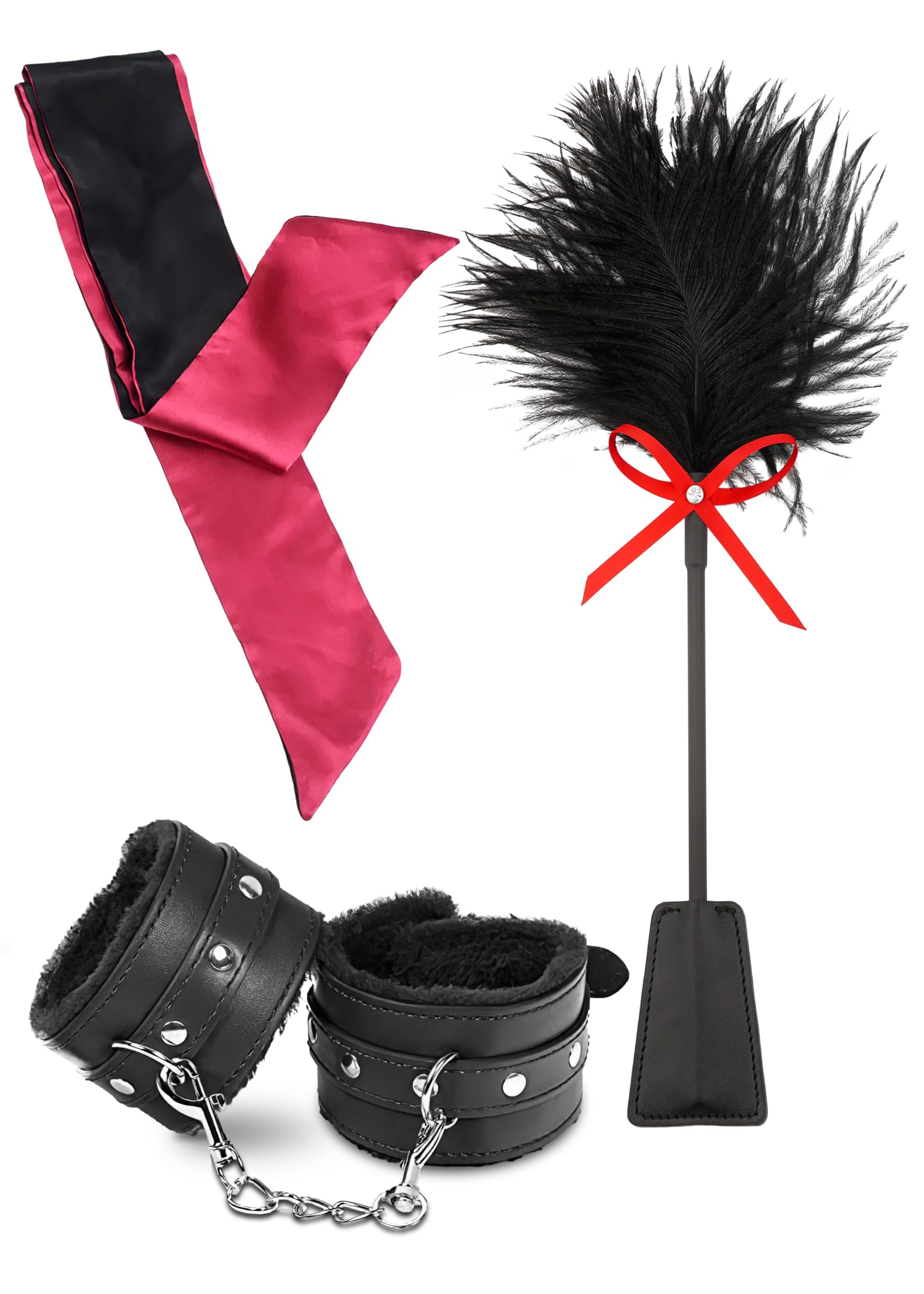 PASTOS Adult Feather Tickler for Sensual Play & BDSM - Black Satin Blindfold Mask with Fluffy Handcuffs - Fetish Toys for Couples, Role Play & Cosplay - Perfect for Spicing Up Bedroom Fun & Fantasy Exploration