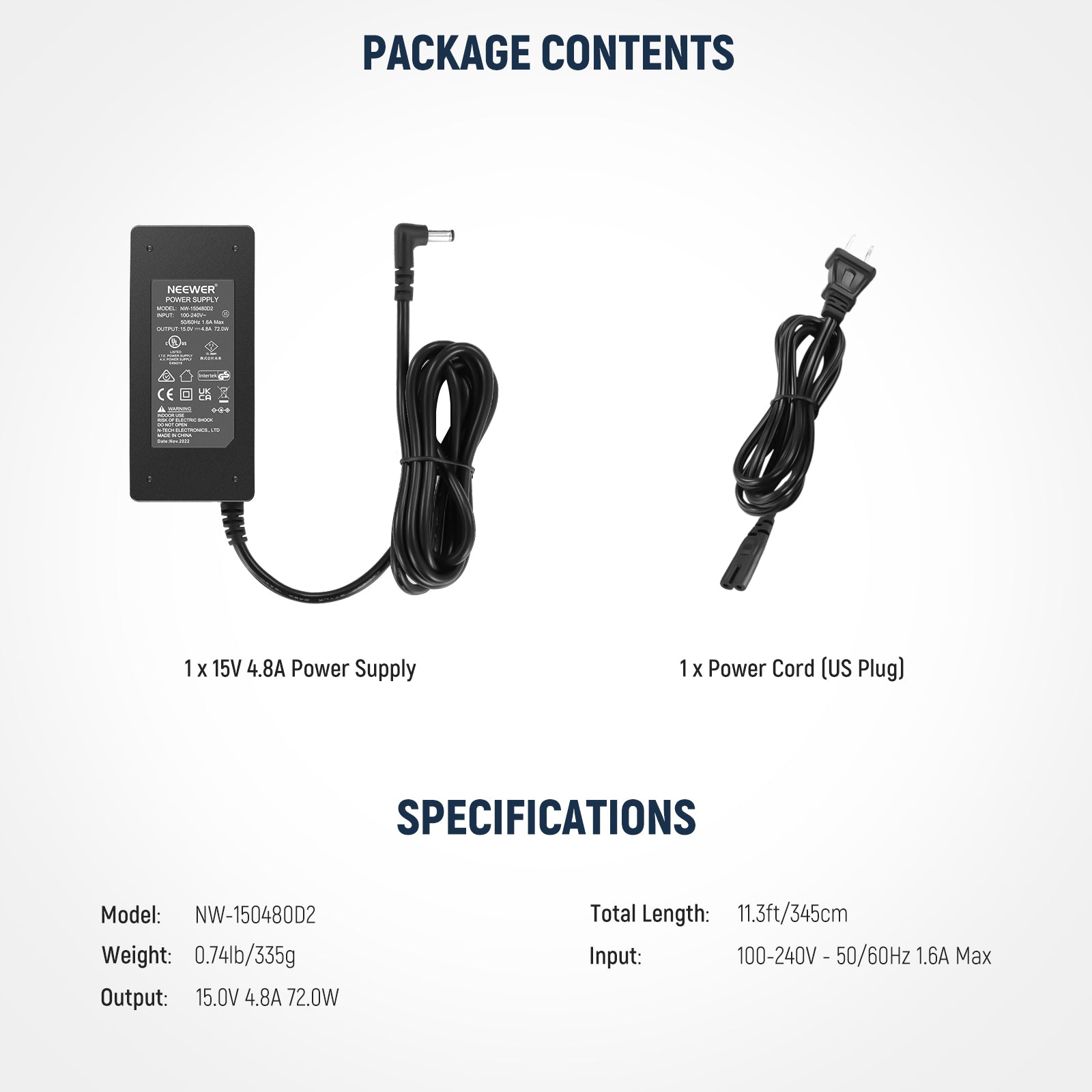 NEEWER 15V 4.8A 72W AC/DC Power Adapter - Universal Power Supply for LED Lights, CCTV Cameras, Audio Equipment & More