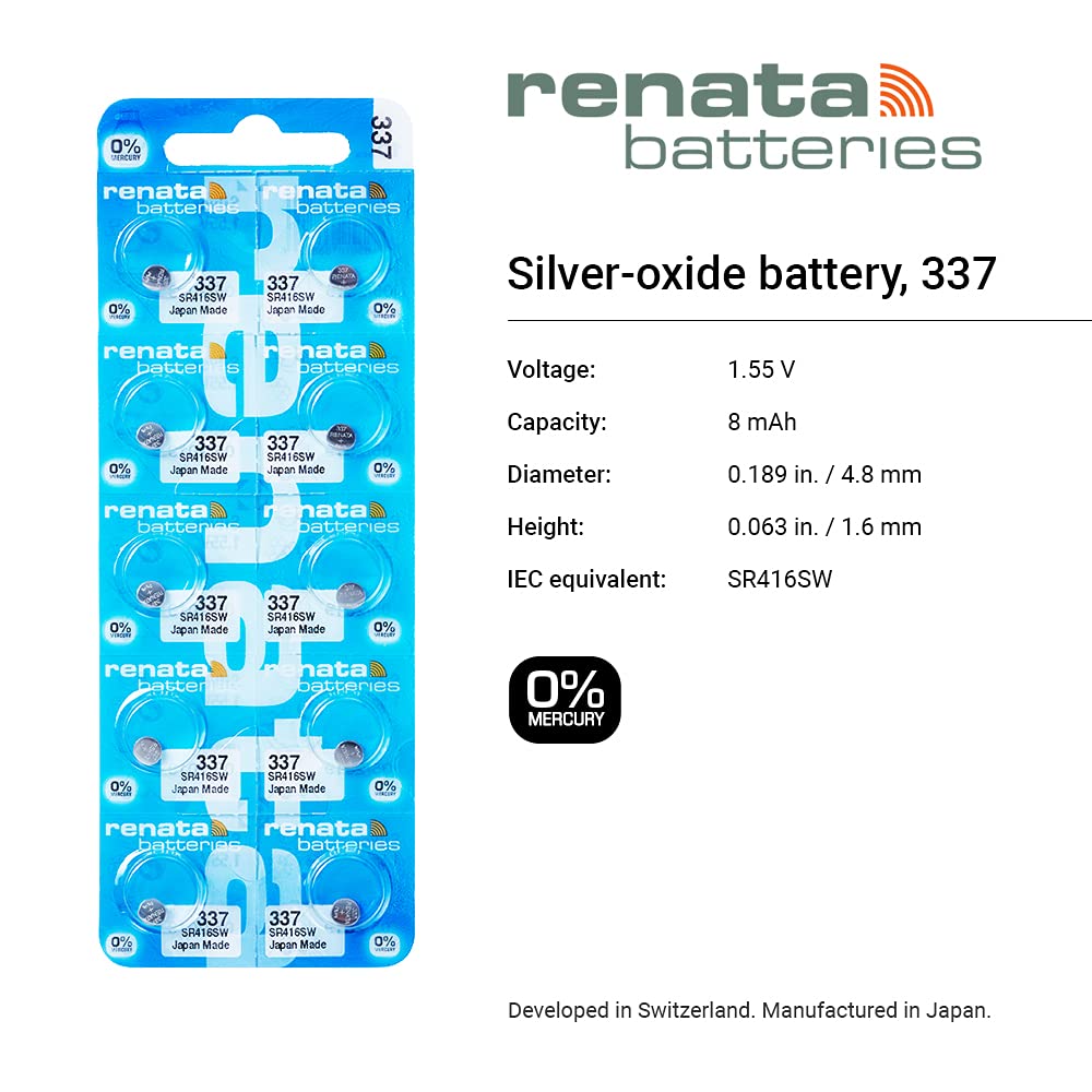Renata 337 (SR416SW) Silver Oxide Watch Batteries - 5 Pack - Long-Lasting Power for Watches, Calculators & Medical Devices