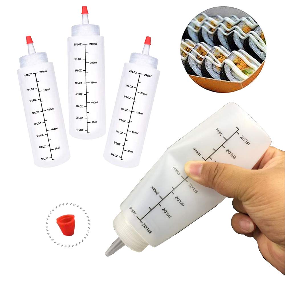 12 Pack 8 oz/240 ml Plastic Squeeze Bottles with Red Tip Cap & Black Scale - Durable Polyethylene Squirt Bottles for Ketchup, Sauces, Syrup, Dressings, BBQ | Perfect for Kitchen, Restaurants, Baking, Crafts & DIY Projects