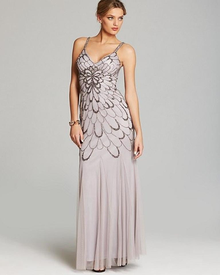 Adrianna Papell Beaded Backless Mesh Art Deco Evening Gown in Heather Grey - Perfect for Prom, Gala, and Formal Events