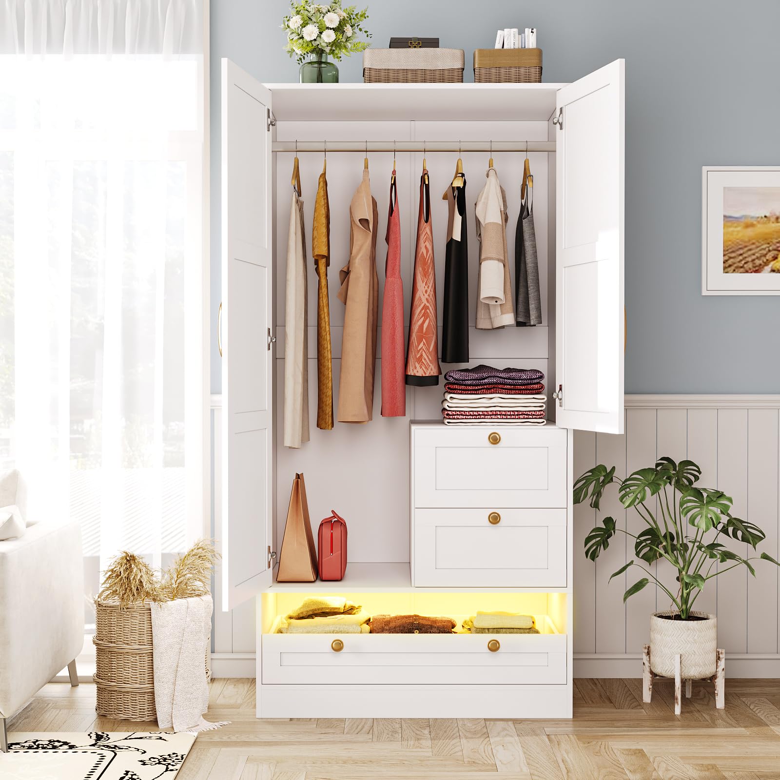 White Maupvit 2-Door LED Wardrobe with Drawers & Hanging Rod - Spacious Bedroom Closet Organizer for Laundry Storage