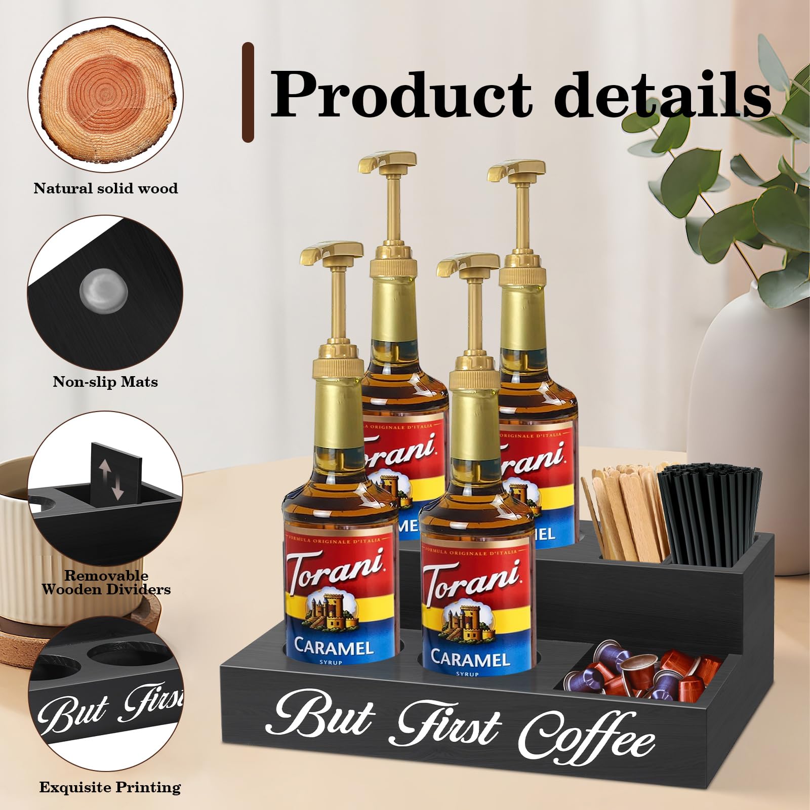 Rustic Wooden Coffee Station Organizer - Syrup & Pod Holder, Countertop Pantry Organizer for Farmhouse Coffee Bar Decor | Perfect for Kitchen, Dining Room & Coffee Shop Décor