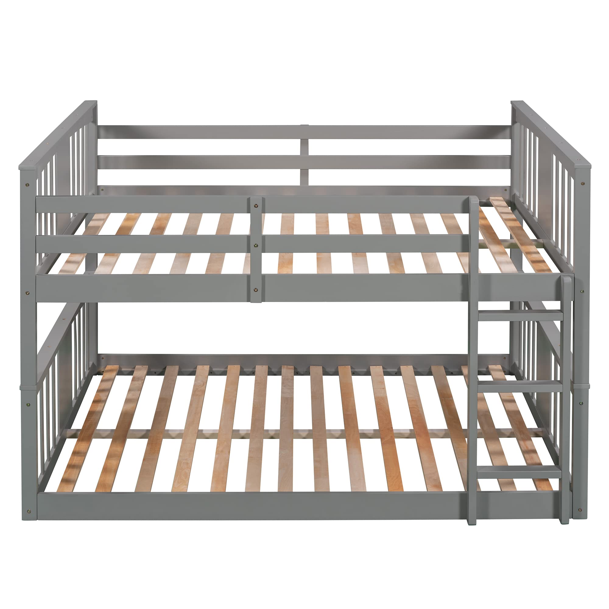 Harper & Bright Designs Wooden Full Over Full Low Bunk Bed with Ladder - Sturdy Floor Bunk Bed Frame for Kids & Toddlers, No Box Spring Needed, Slat Support Included (Grey) - Perfect for Small Bedrooms, Guest Rooms & Space-Saving Kids' Rooms