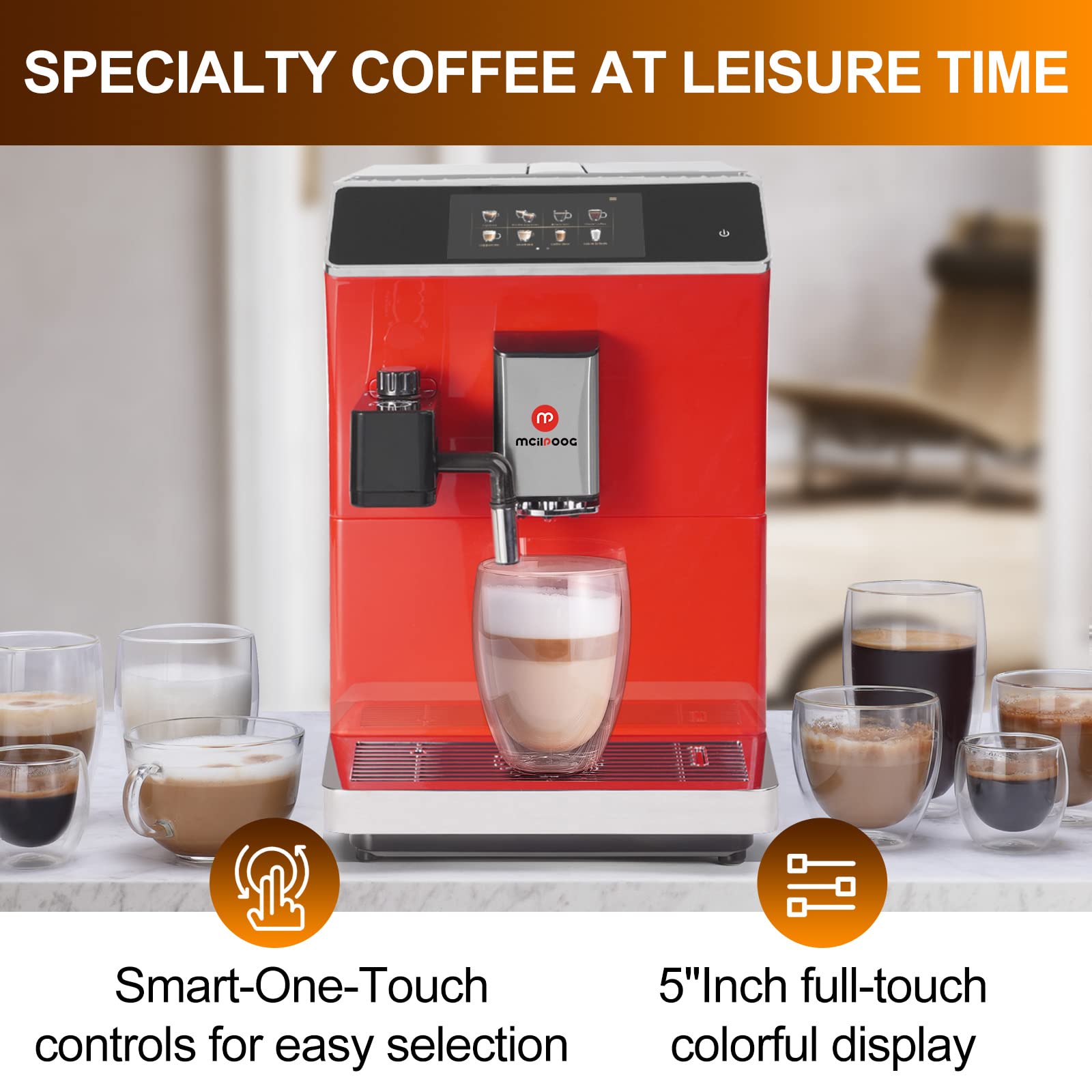 Mcilpoog Super Automatic Espresso Coffee Machine with Built-in Grinder & Milk Frother - 16 Programmable Coffee Recipes, Touch Screen Operation (WS-203 Red) - Perfect for Home, Office & Coffee Shop Use