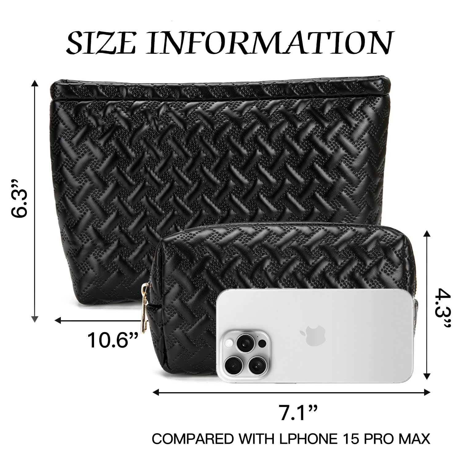 2 Pack Vegan Leather Makeup Bag for Women - Travel Toiletry & Cosmetic Organizer with Brush Holder - Perfect for Purse, Gym, Vacation Essentials (Black)