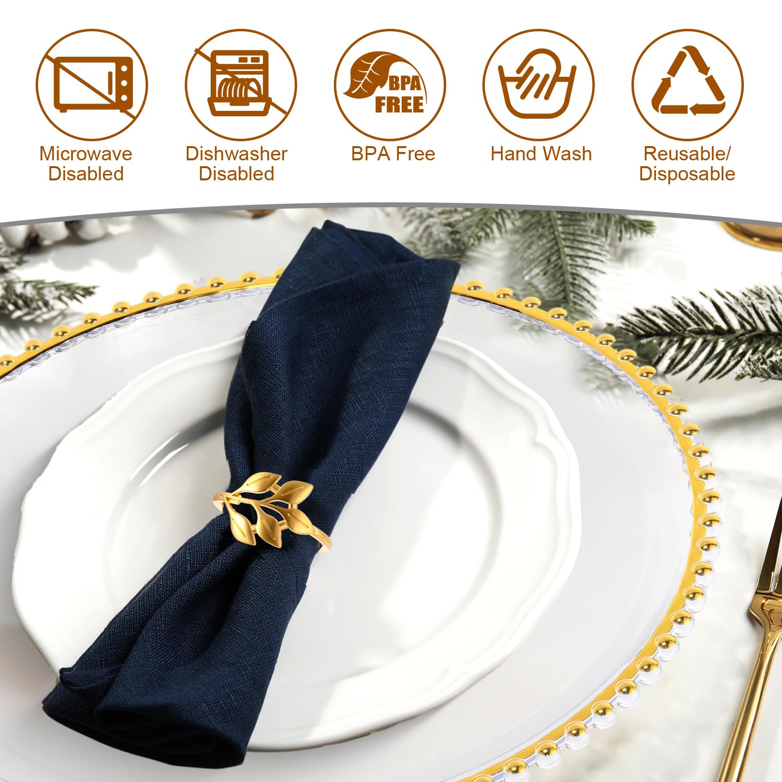 Bokon 50-Pack Clear Acrylic Charger Plates 13 Inch - Elegant Beaded Plastic Dinner Plates with Gold Napkin Rings - Perfect for Weddings, Thanksgiving & Party Decor (Clear & Gold)