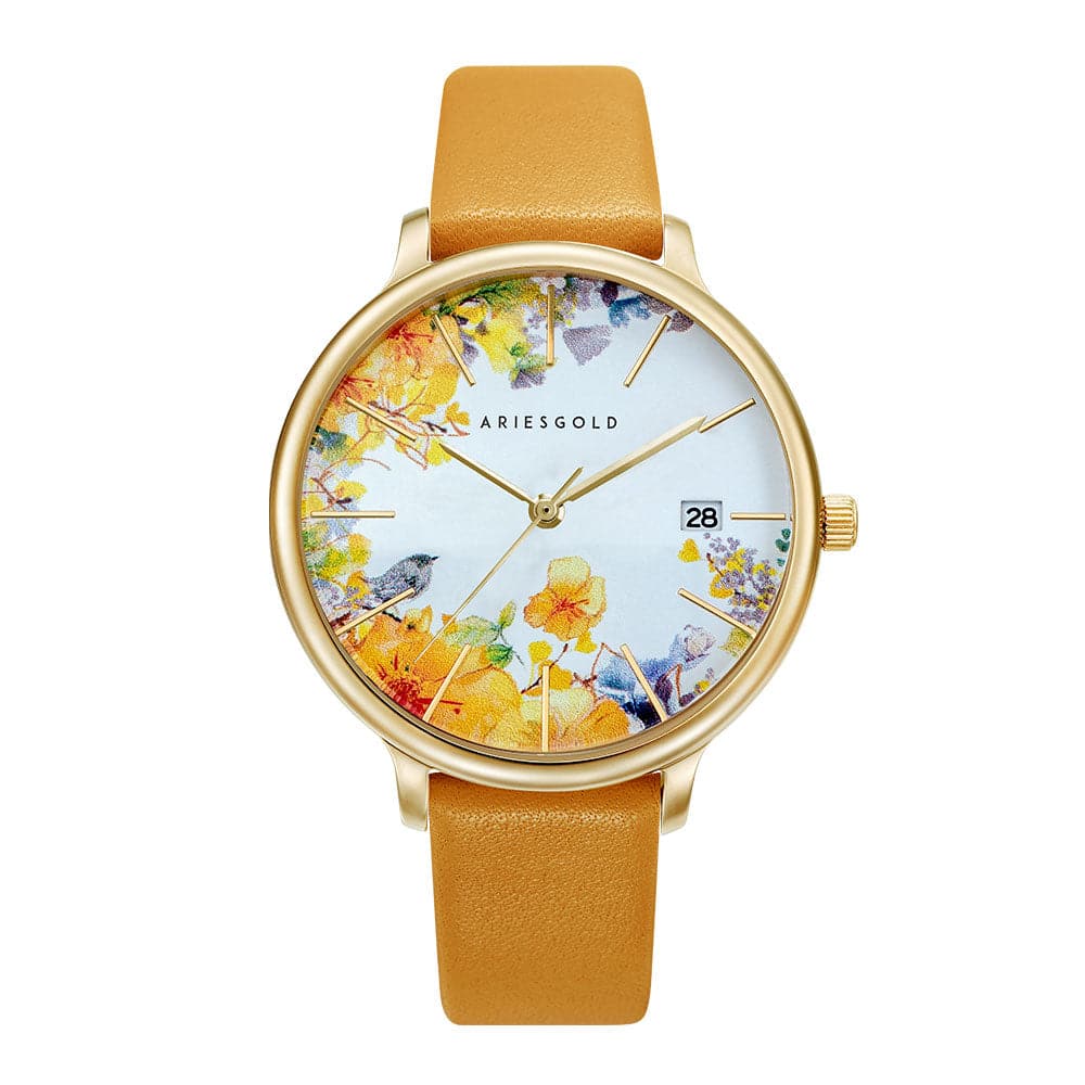 ARIES GOLD ENCHANT FLEUR Stainless Steel Women's Watch with Mustard Yellow Leather Strap - Elegant Fashion Accessory for Everyday Wear & Special Occasions