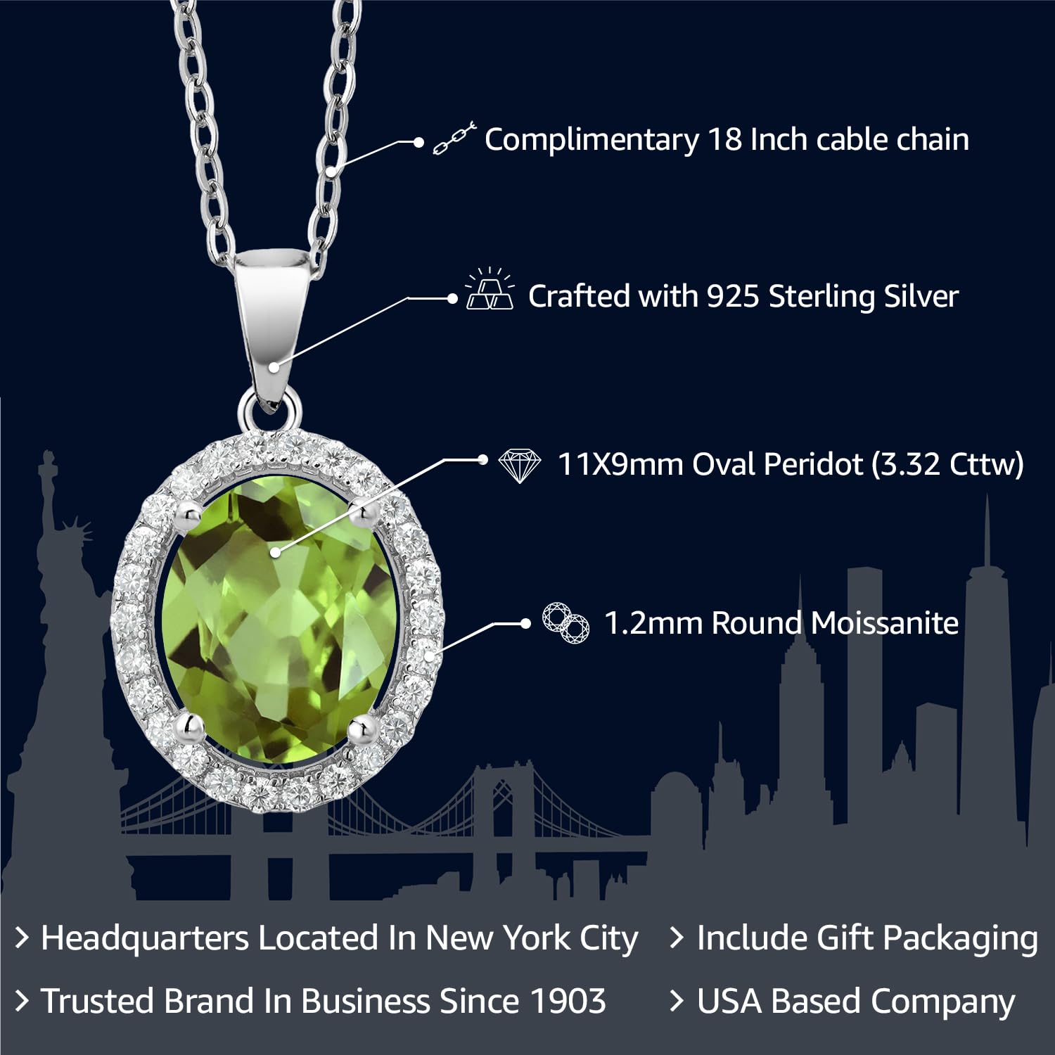 Gem Stone King 925 Sterling Silver 11X9MM Oval Gemstone Birthstone & White Moissanite Halo Pendant Necklace for Women | 18