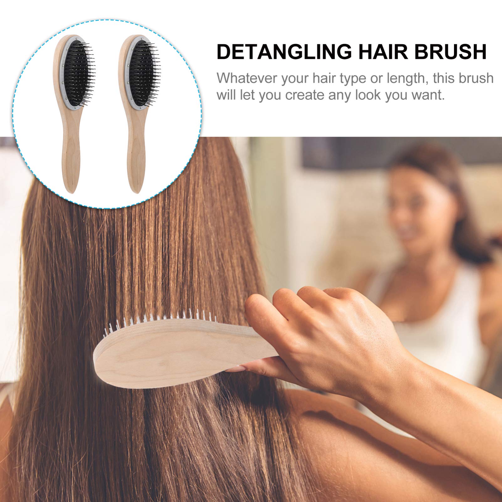 2pcs Wooden Hair Brush with Steel Bristles - Detangling Comb for Smooth Hair Care
