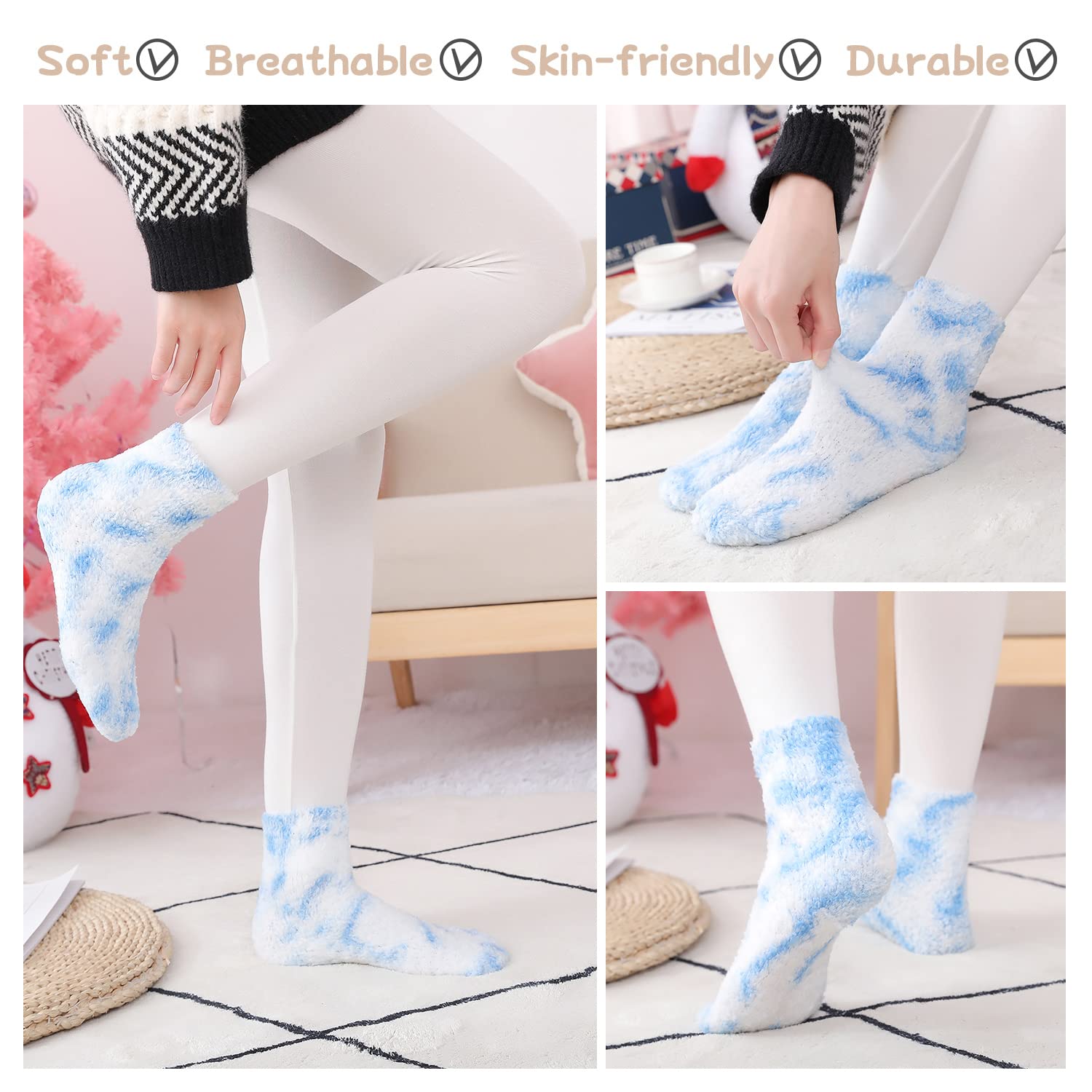 Women's Fluffy Winter Socks - Thick Warm Fuzzy Non-Slip Gripper Socks for Home, Bed & Floor - Cozy Christmas Gift Set H - Perfect for Lounging, Sleepwear & Holiday Presents