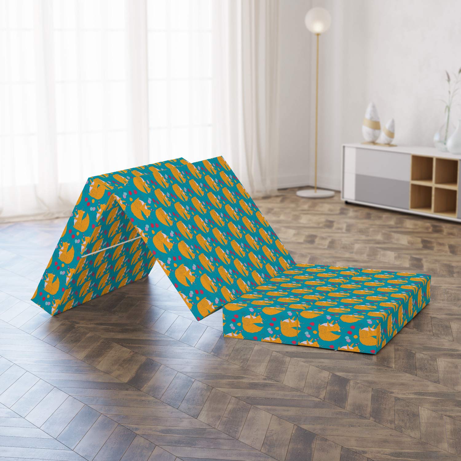 Ambesonne Squirrel Pattern Foldable Mattress - 74.8 x 35.4 Inch Fluffy Happy Birthday Design in Marigold & Dark Pink - Perfect for Kids' Rooms, Birthday Gifts & Cozy Napping Spaces