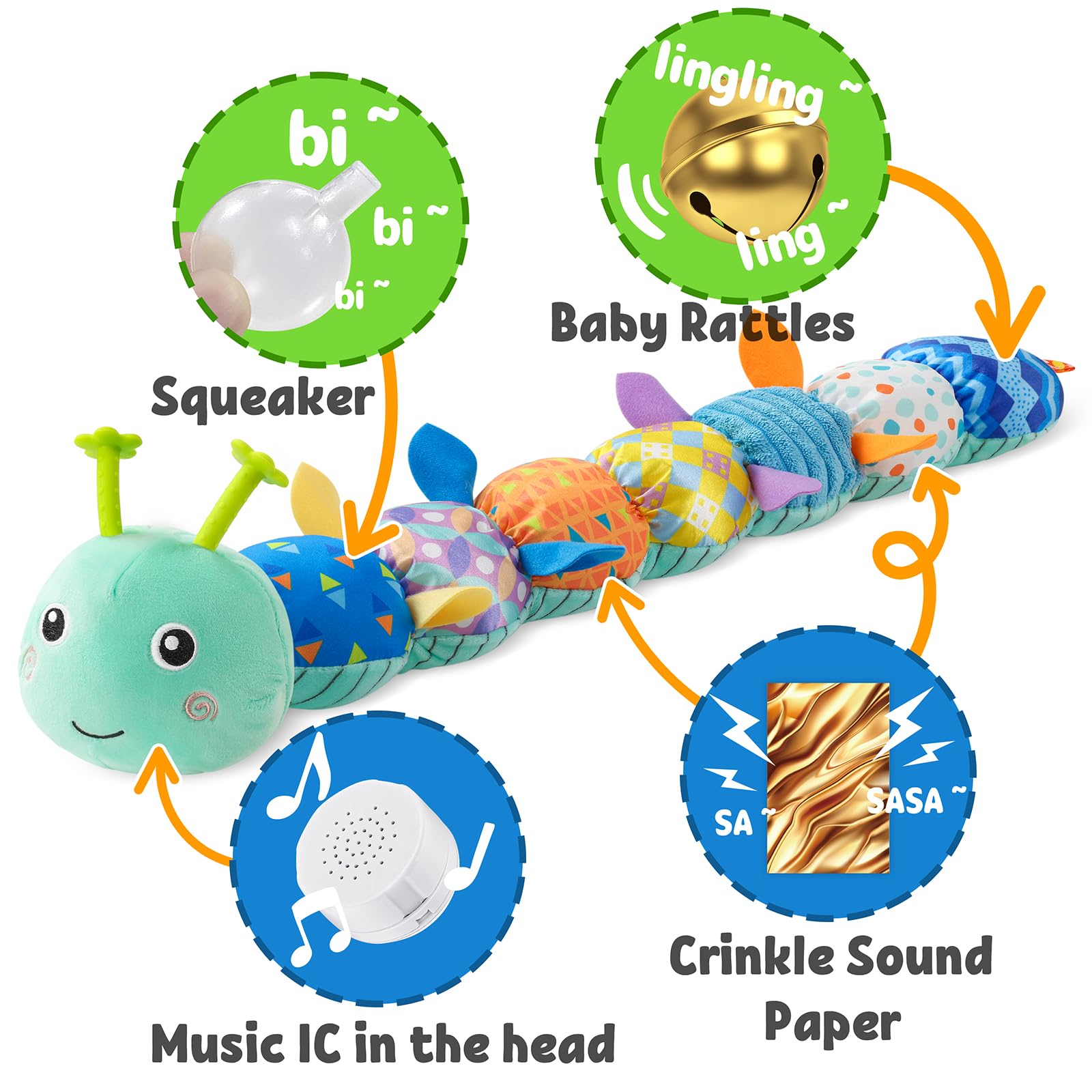 LIGHTDESIRE Musical Caterpillar Baby Toy - Soft Stuffed Animal with Ruler Design & Bell Ring, Teething Toy for Infants 0-12 Months (Blue) | Perfect for Tummy Time, Sensory Play & Early Learning Development