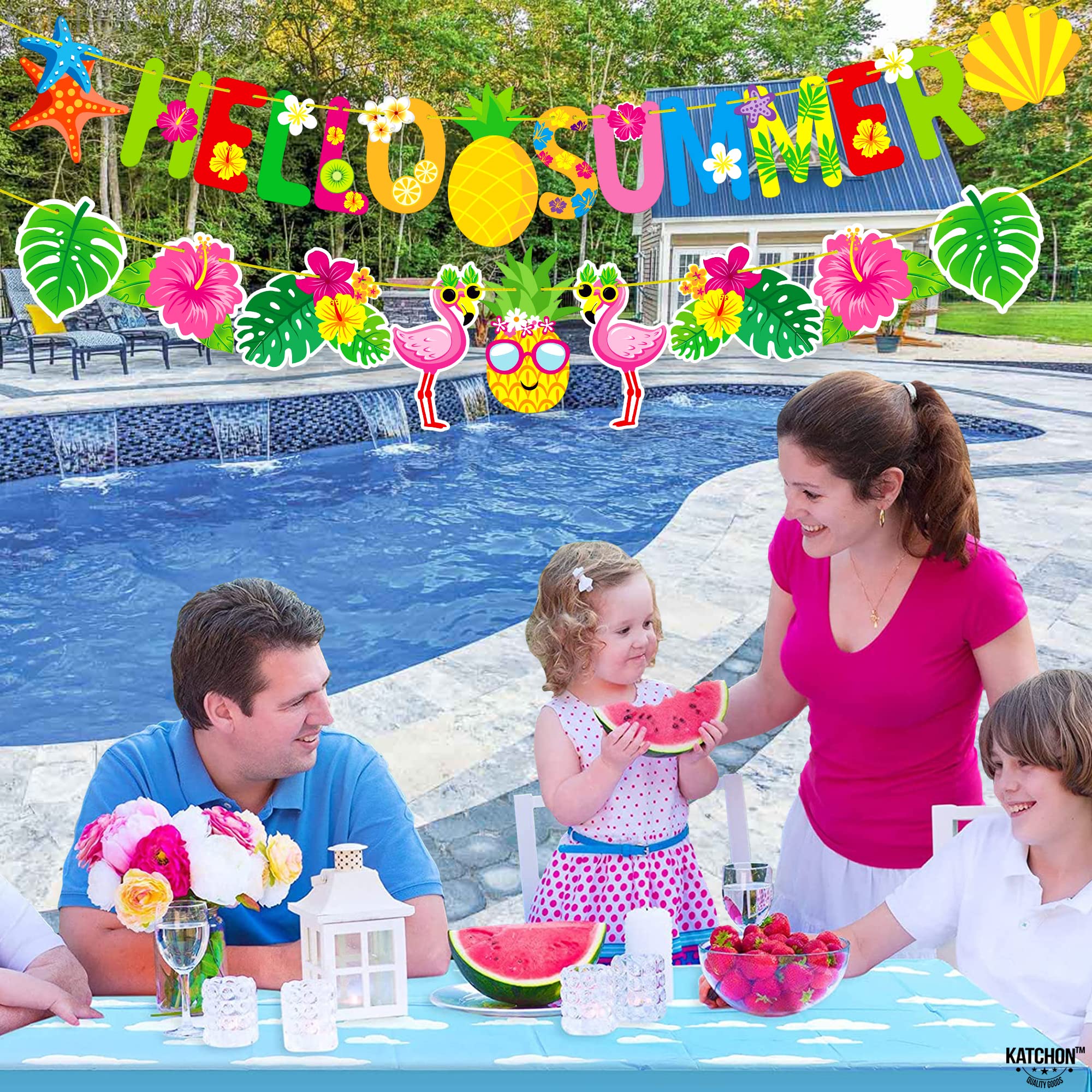 KatchOn Pre-Strung 10ft Hello Summer Banner - Flamingo Garland for Luau, Beach & Tropical Party Decorations | Perfect for Summer Parties, Backyard BBQs & Poolside Celebrations