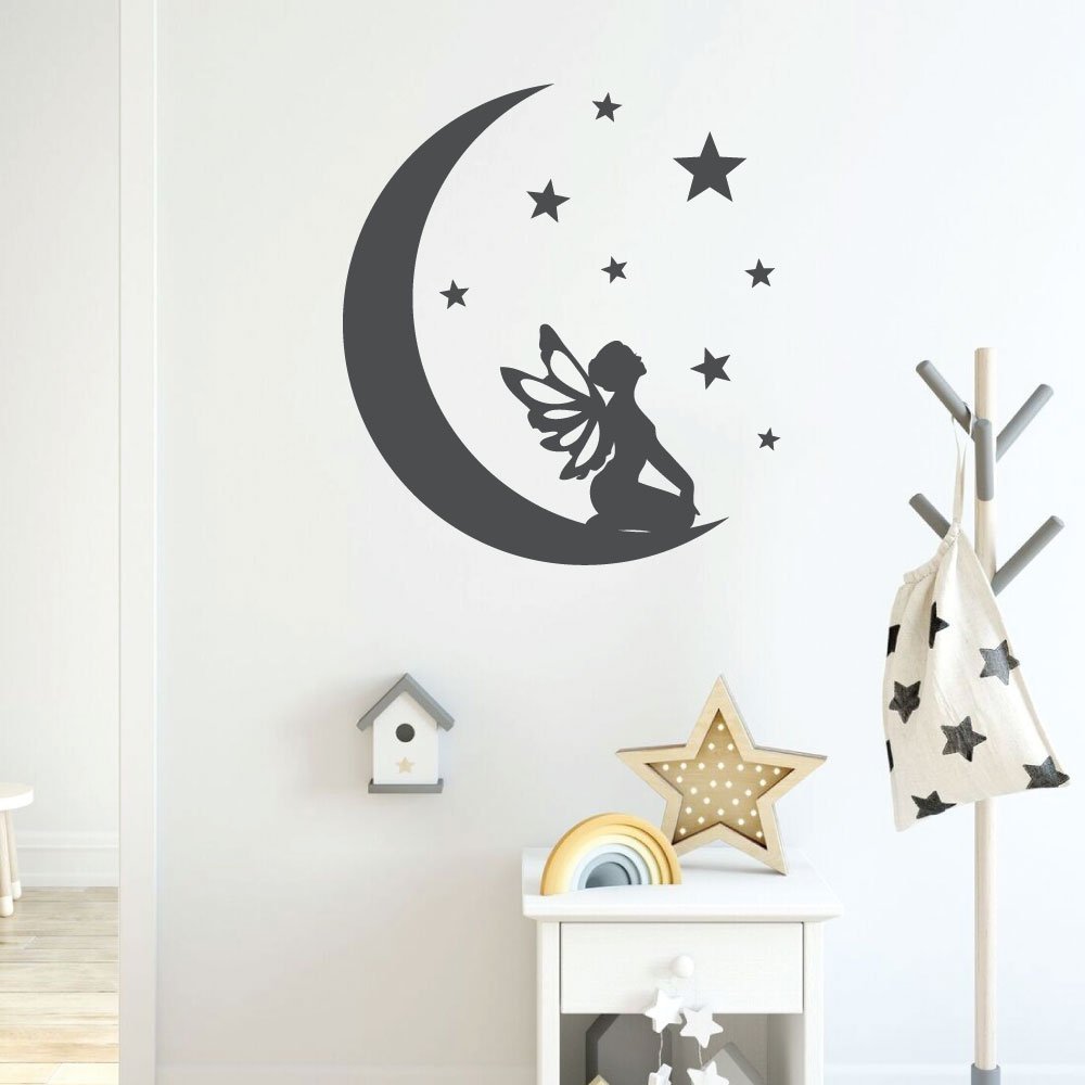 Fairy Wall Decal with Moon and Stars - Removable Vinyl Sticker for Nursery, Girls Bedroom, Teen Room Decor - Perfect for Fairy Themed Parties, Baby Showers & Kids Room Decorations
