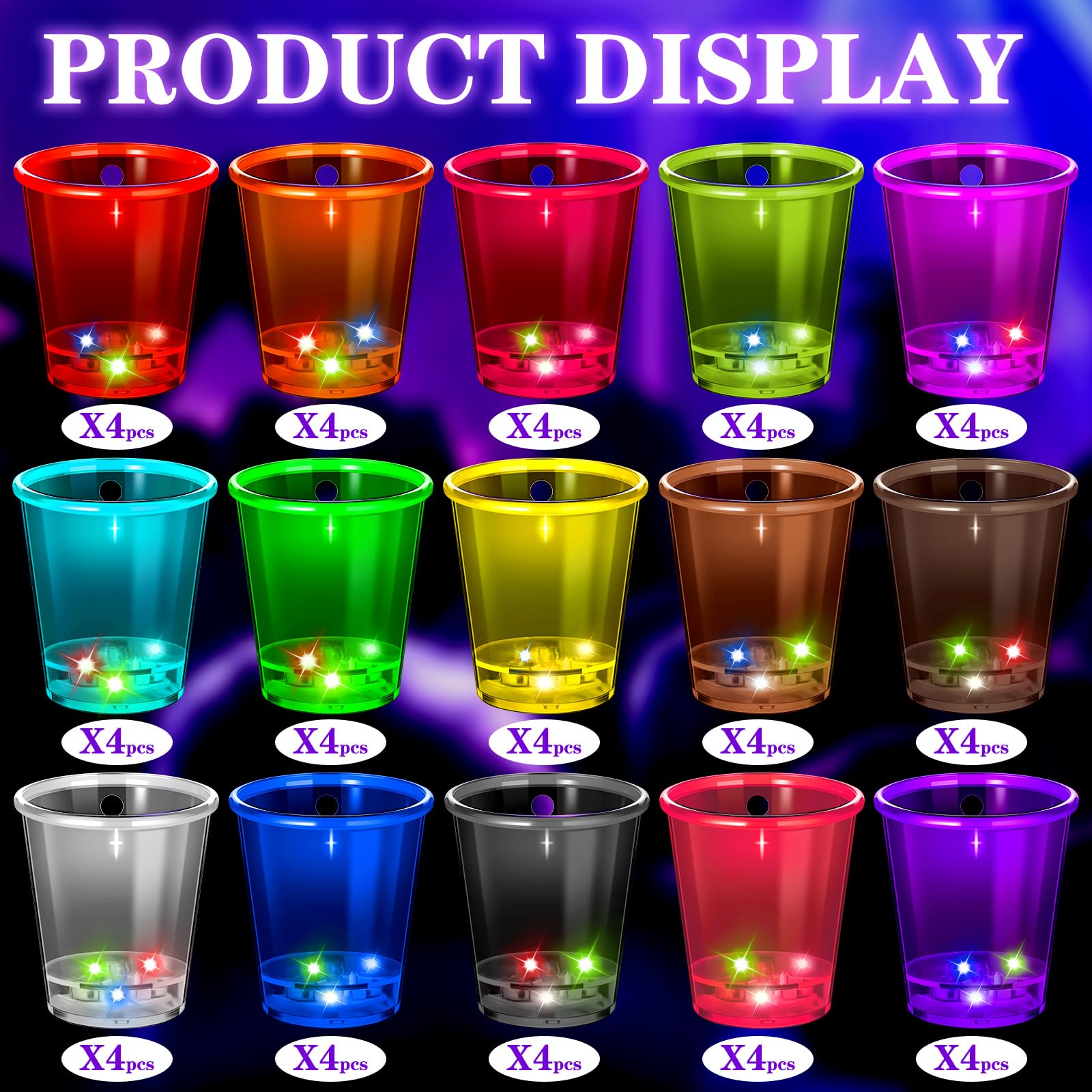 60 Pcs Glow in the Dark Shot Glass Necklaces - LED Light Up Party Cups for Halloween, Christmas, Birthday & Wedding - 15 Vibrant Colors - Perfect for Nightclubs, Raves, Bar Crawls & Themed Parties