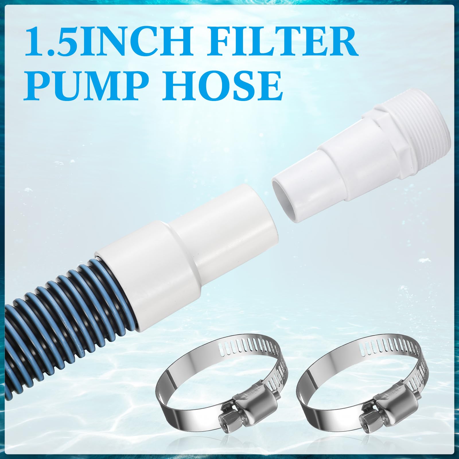 Jadive 2 Pack 1.5 Inch Swimming Pool Filter Hose Replacement Kit - 59 Inch Long Universal Pool Vacuum Hose with 1.25/1.5 Inch Combo Adapter, Clamps & Tape - Compatible with Above Ground Pools (Dark Blue) - Perfect for Pool Maintenance, Cleaning & Vacuuming