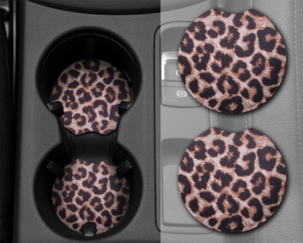 2.75 Inches Absorbent Car Cup Coasters for Women - Leopard Print, Set of 2 | Non-Slip Drink Holders for Cars, Perfect Auto Accessories for Women & Girls - Great for Road Trips, Commuting & Daily Driving