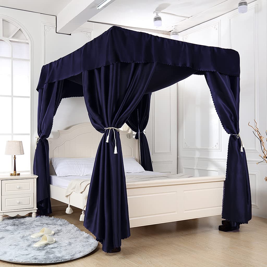 Elegant Solid Blue 4-Poster Bed Canopy with Curtains - Twin Size Bedroom Decor for Adults, Girls & Boys - Perfect for Kids Room, Nursery or Gift (1 Set, Blue) | Create a Dreamy Bedroom Retreat & Princess Castle Theme