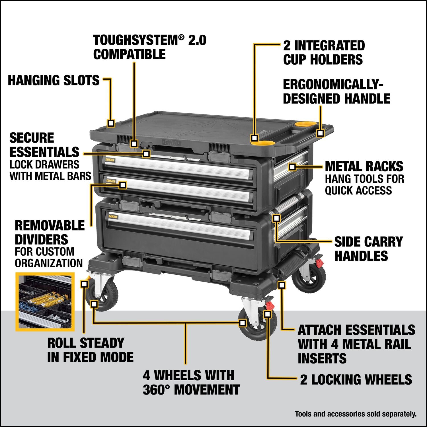 DEWALT DWST60520 DXL 4-in-1 Rolling Tool Tower with Wheels - Heavy Duty Mobile Workbench for Garage, Workshop & Job Site Organization