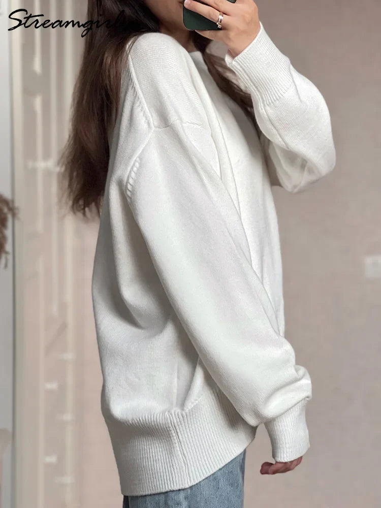 Oversized Women's Sweaters - Light Blue Knitted Pullovers with O Neck for Autumn & Winter | Cozy Loose Tops for Casual Wear, Office & Weekend Outfits