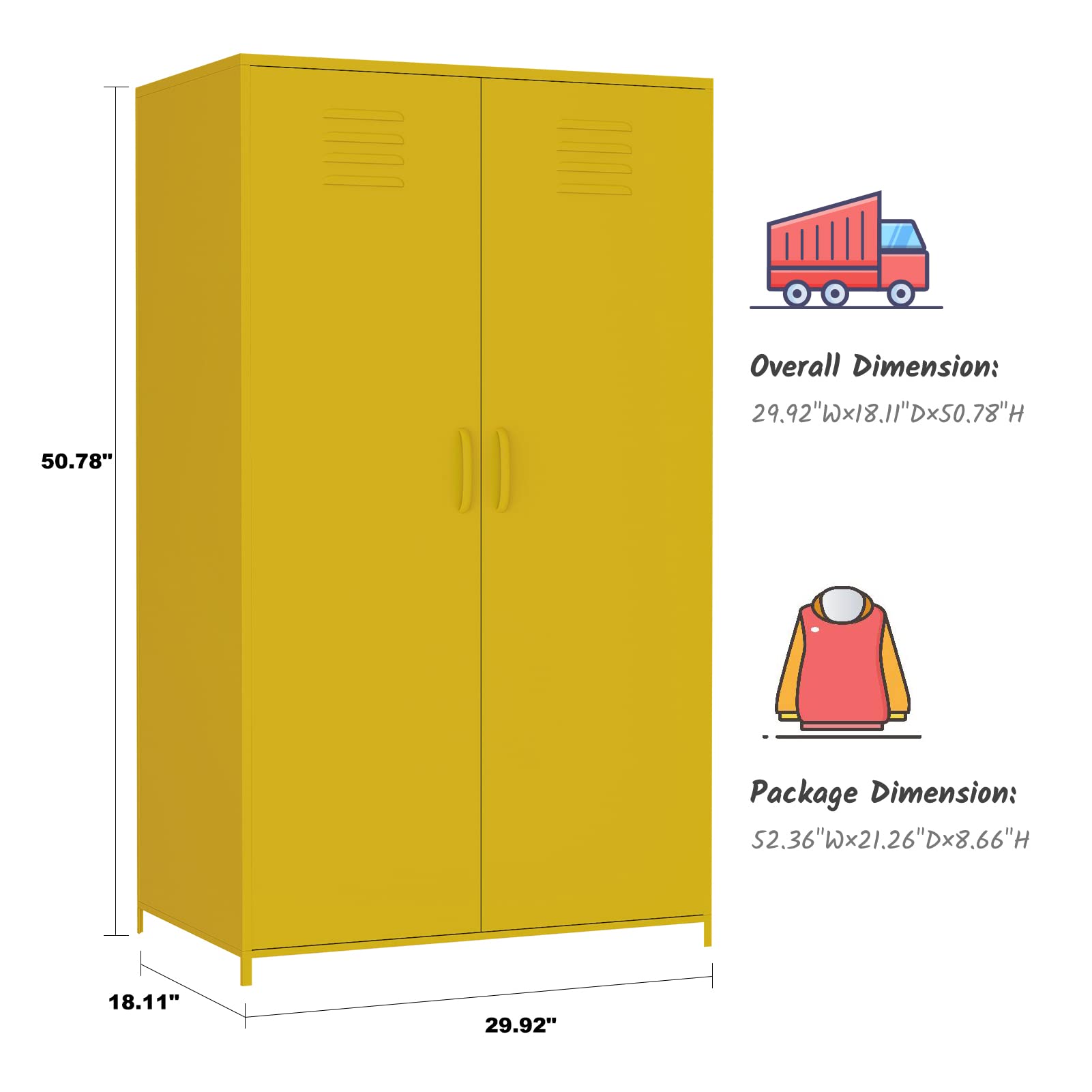 Yellow Steel Locker Cabinet - Double Door Metal Storage Locker with Hanging Rod & Shelves for Bedroom, School, Classroom - Perfect for Organizing Toys, Clothes & Sports Equipment